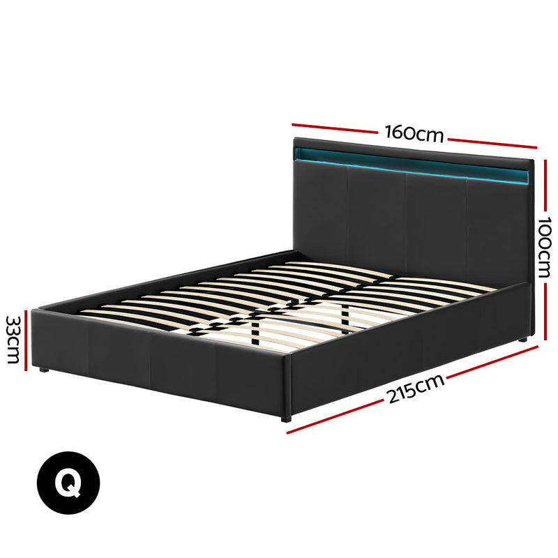COLE Queen Size LED Gas Lift Bed Frame – Black