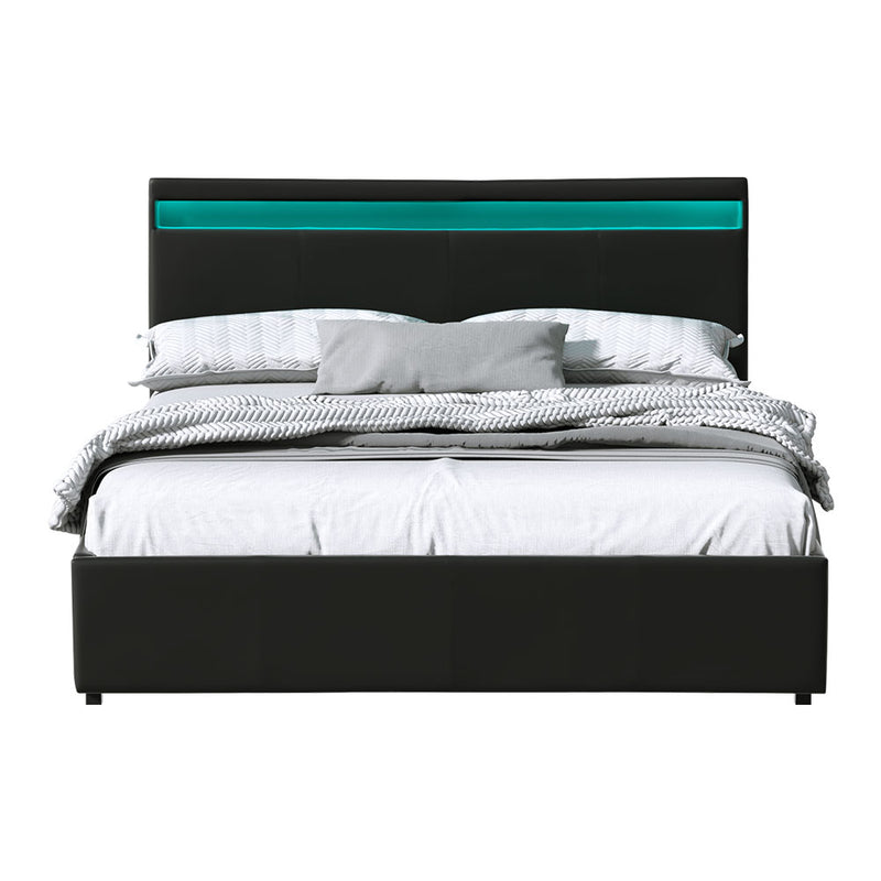 COLE Queen Size LED Gas Lift Bed Frame – Black