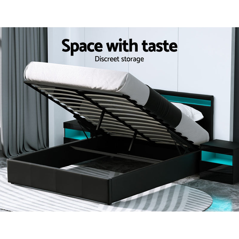 COLE Queen Size LED Gas Lift Bed Frame – Black