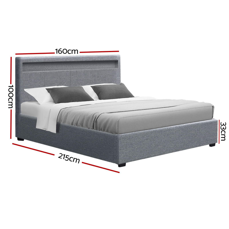 COLE Queen Size LED Gas Lift Bed Frame – Grey