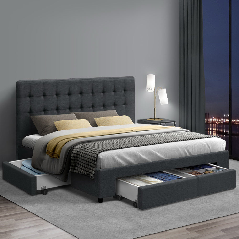 AVIO Double Size Bed Frame with 4 Drawers – Grey