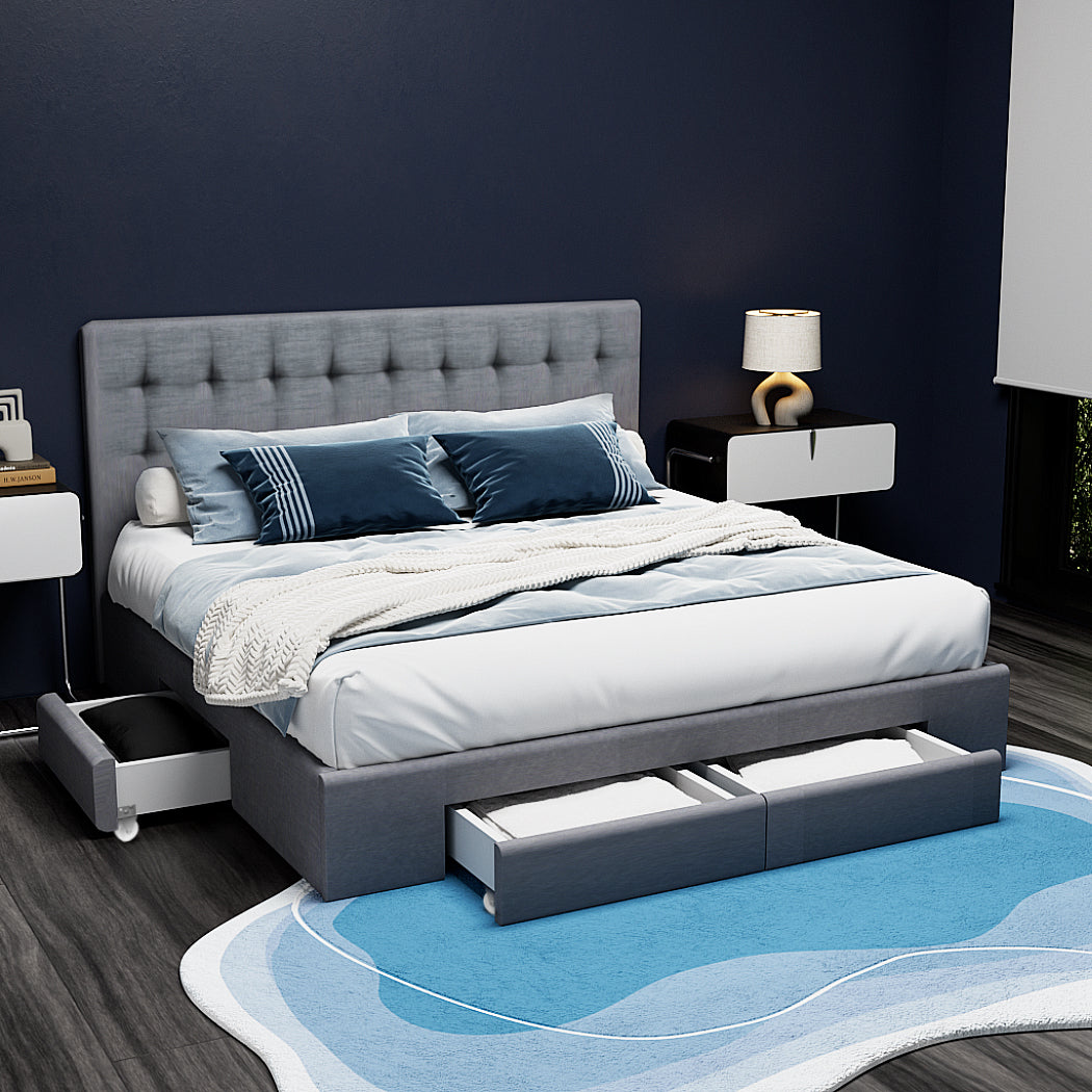 AVIO Queen Size Bed Frame with 4 Drawers – Grey