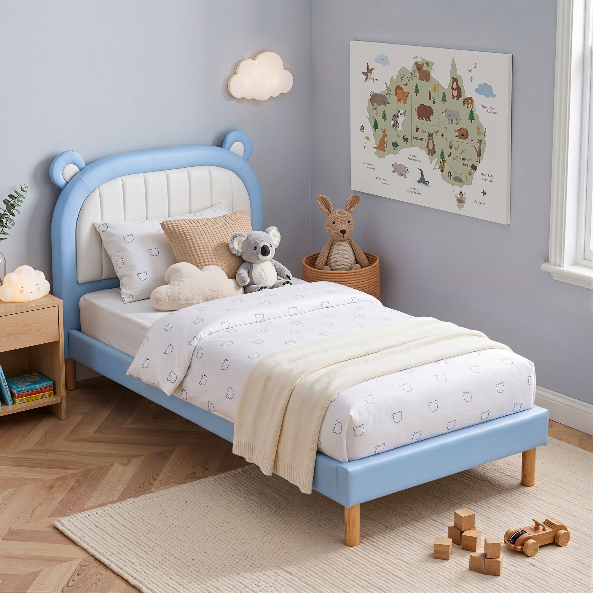 Artiss Kids King Single Bed Frame with Bear Headboard – Blue & White