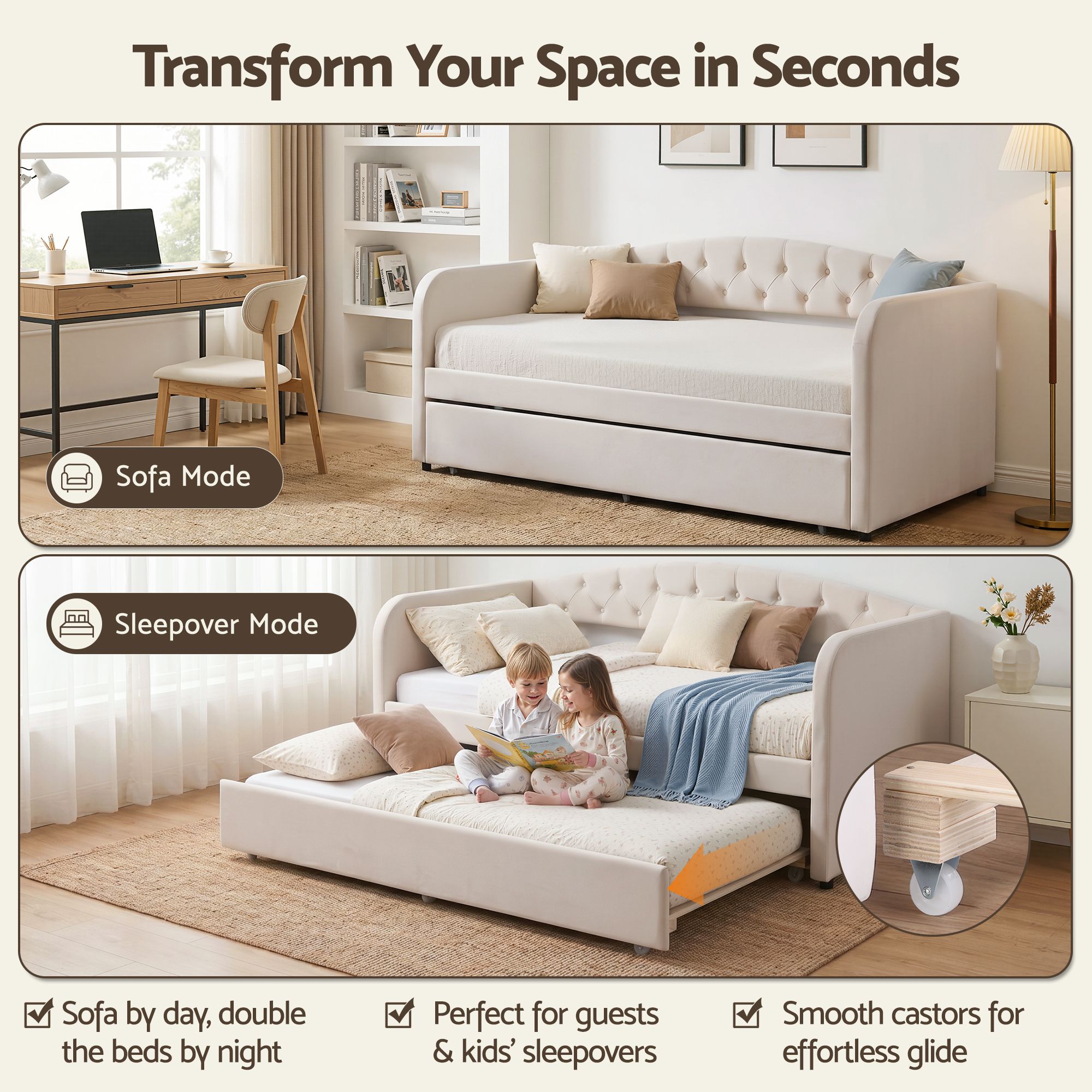 Artiss Velvet Daybed with Trundle Bed
