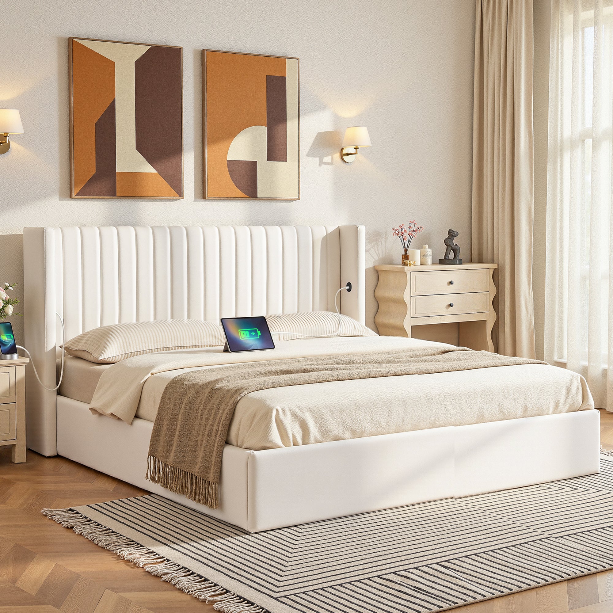 Artiss King Gaslift Bed with USB-C β White Velvet