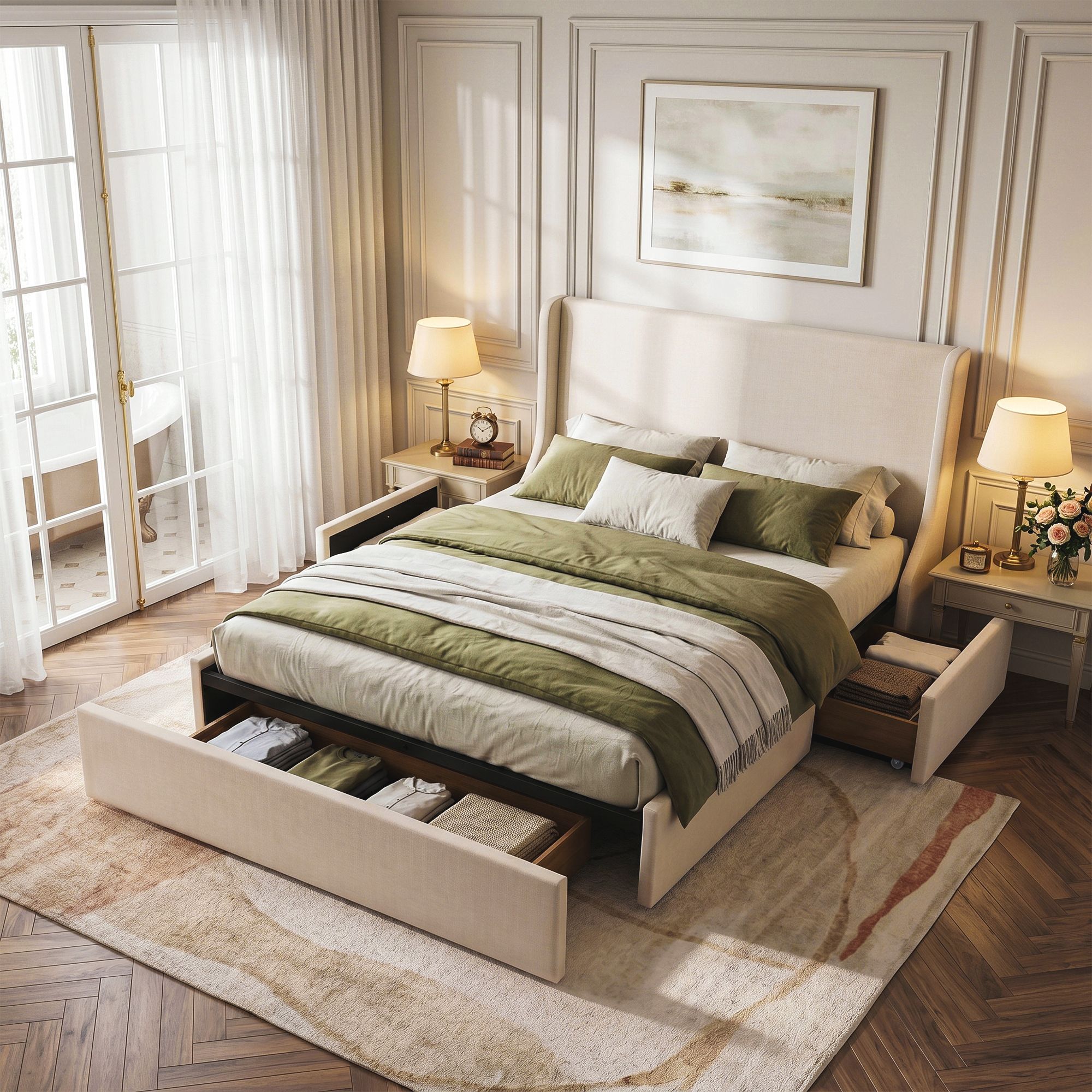 Artiss Double Bed Frame with 3 Storage Drawers & Wingback Headboard