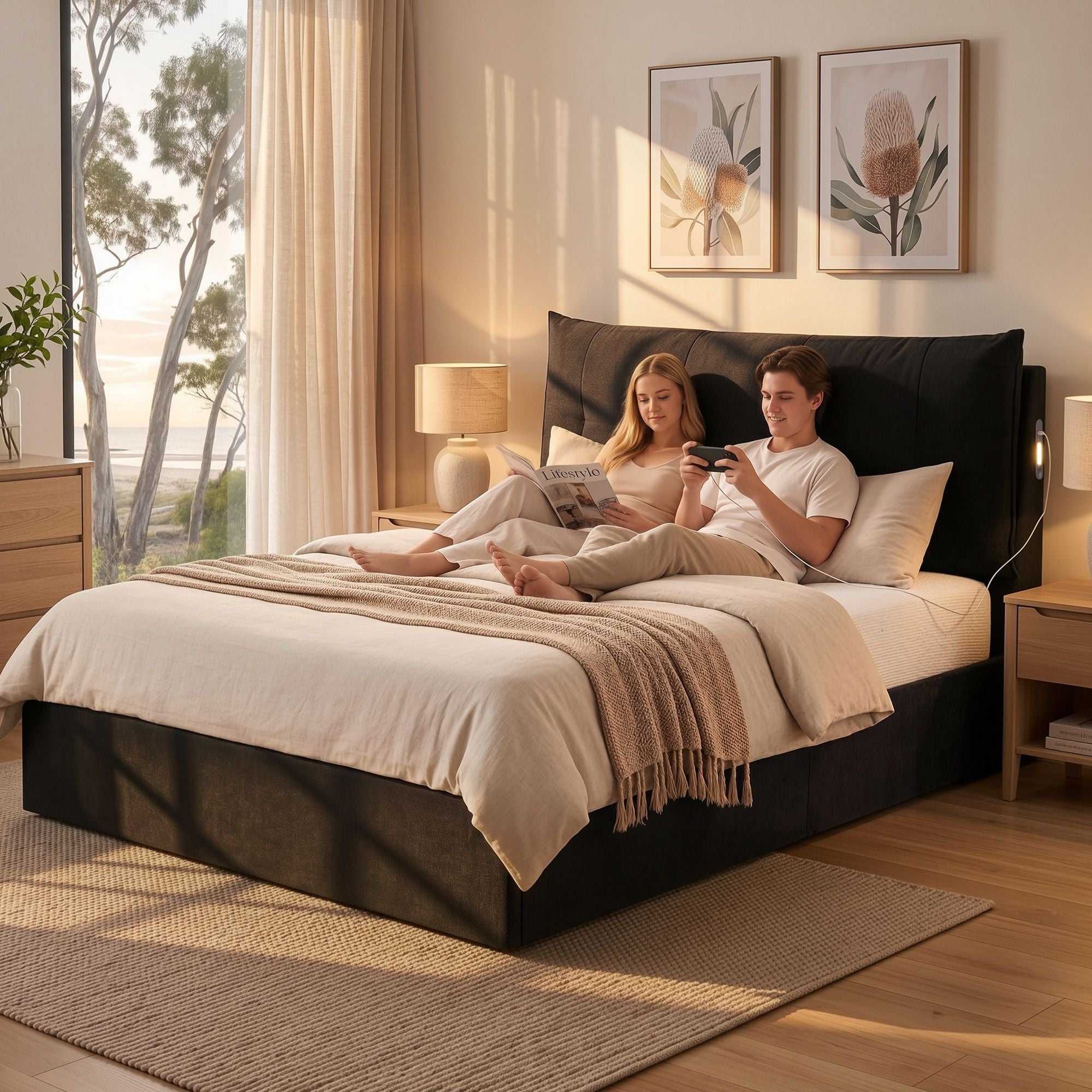 Artiss Queen Gas Lift Bed Frame w/ LED & USB-C – Black Velvet