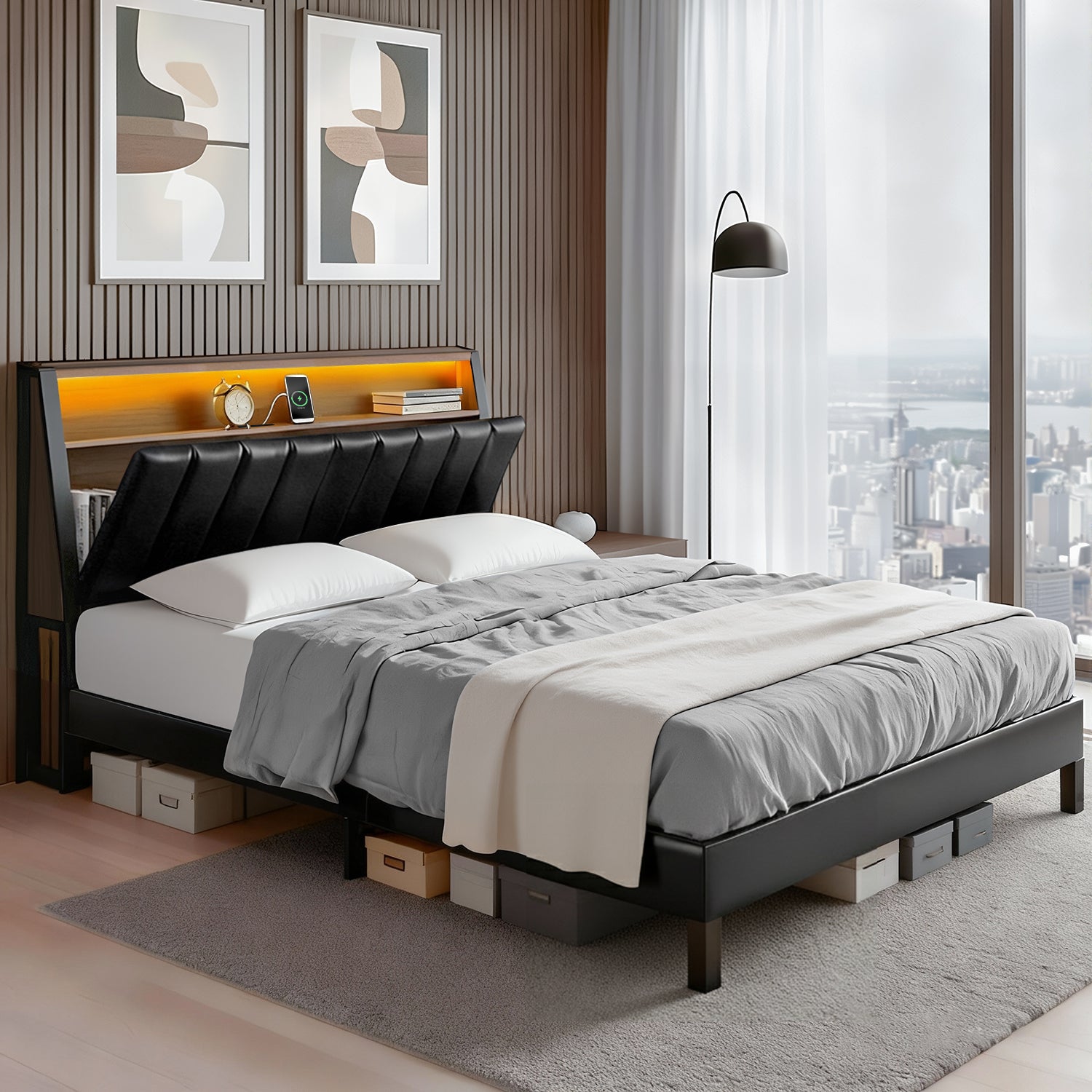 Black Double Bed Frame – LED Headboard & USB Charging
