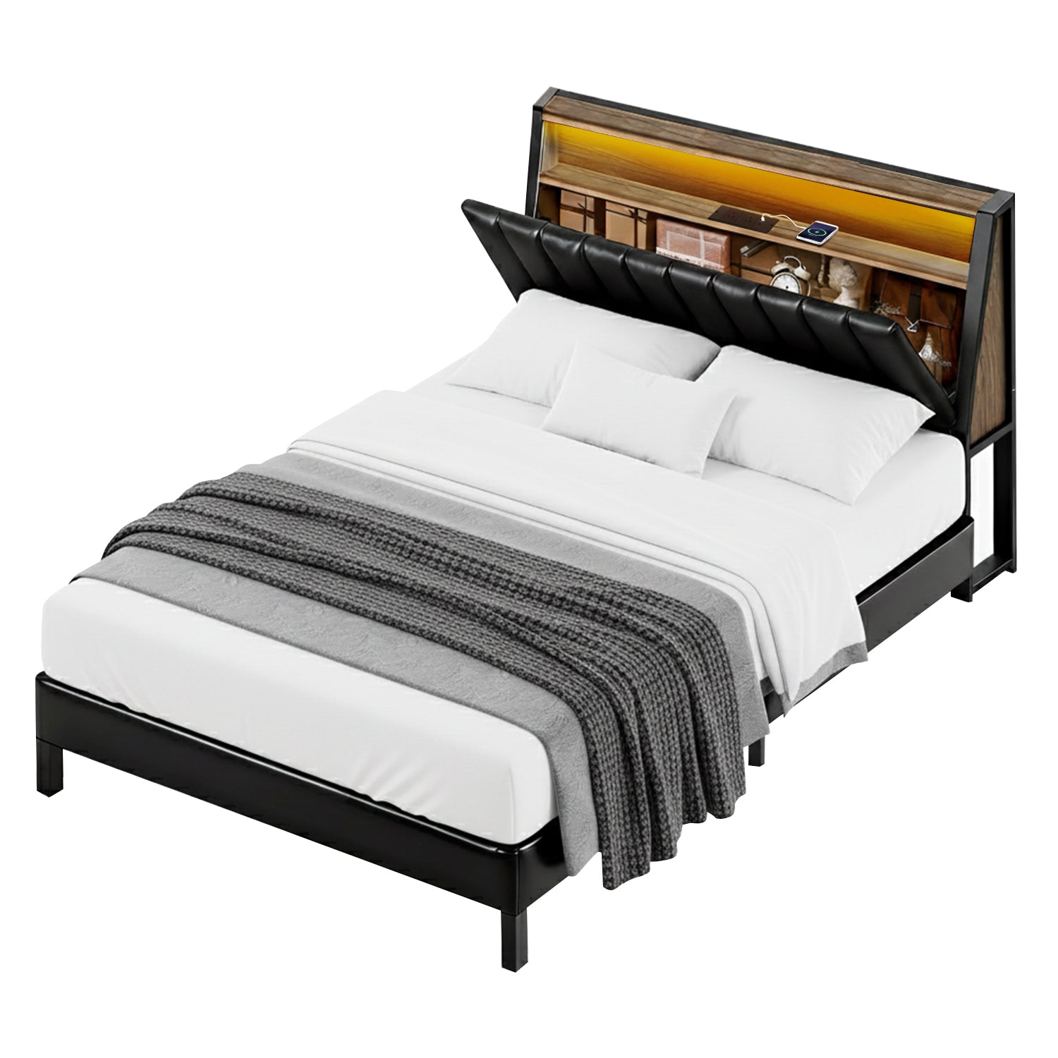 Queen Bed Frame with LED Headboard, Storage & Charging Station β Black