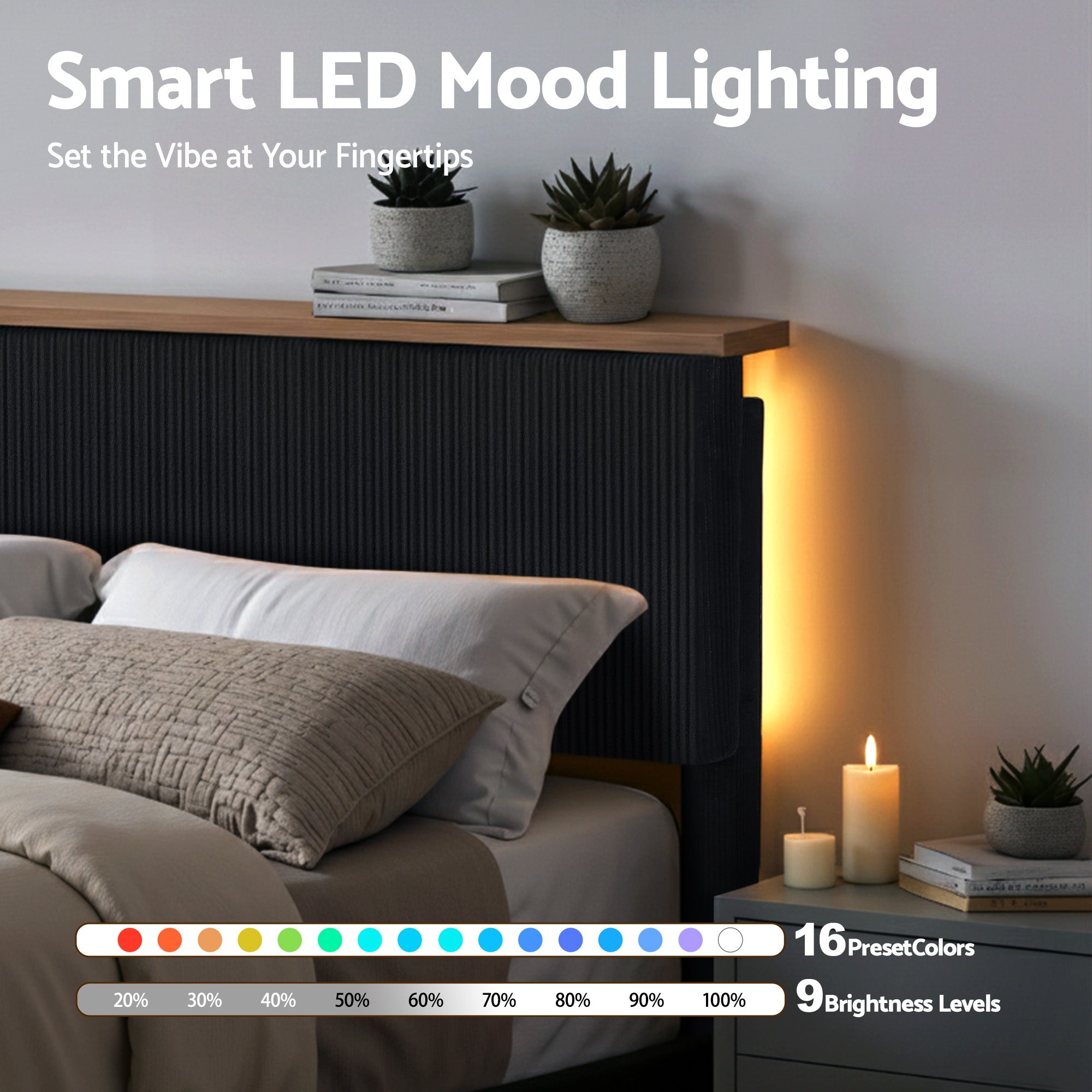 Artiss Double Upholstered Bed Frame with LED Headboard β Black Velvet