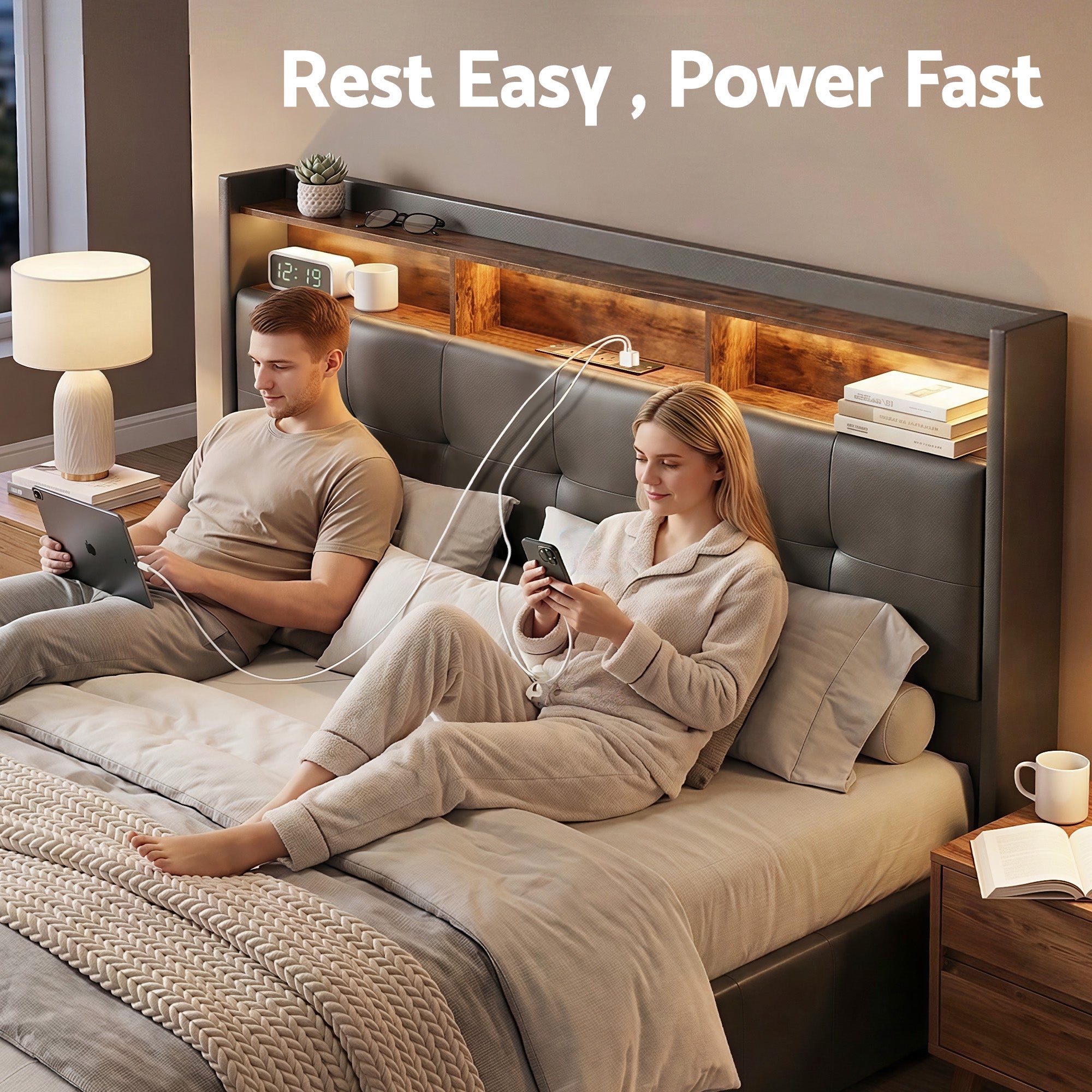 Artiss Double Bed Frame Gas Lift Storage LED Headboard