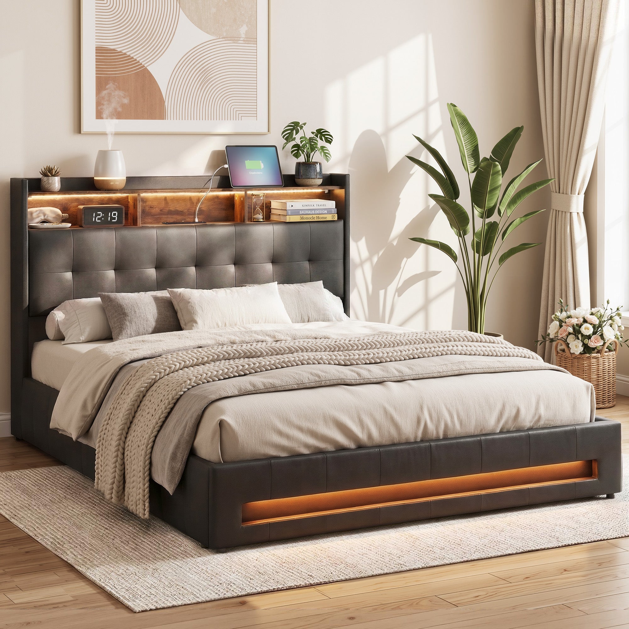 Artiss Queen Bed Frame Gas Lift Storage LED Headboard