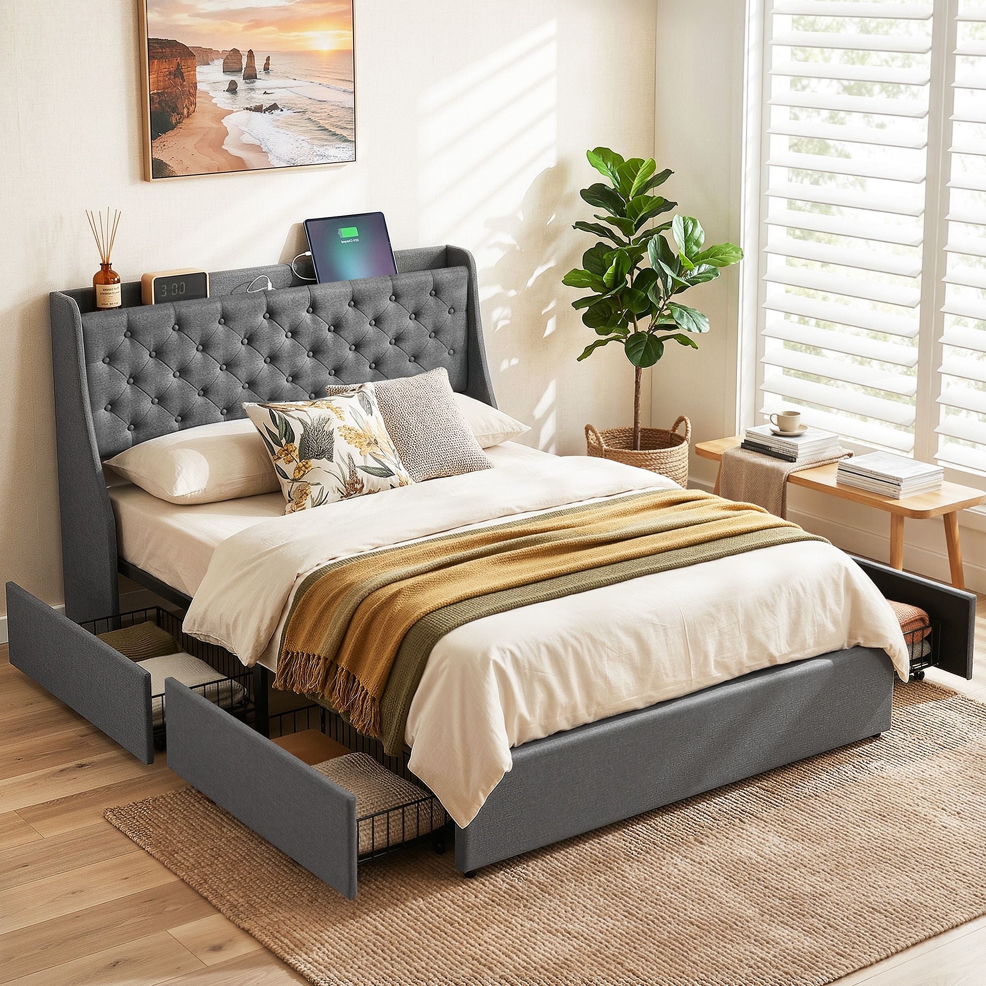 Artiss Double Bed Frame with Storage & Charging – Grey