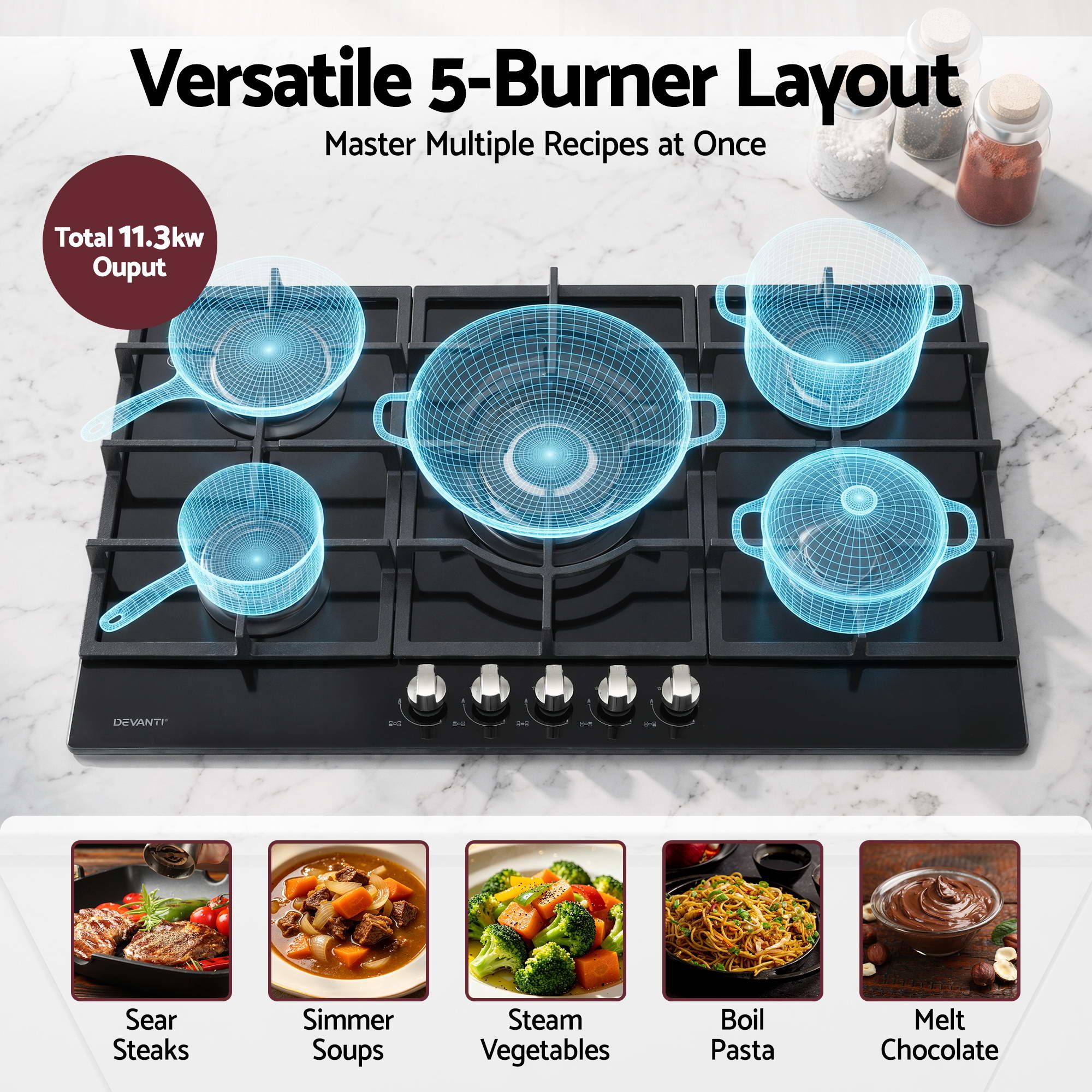 Devanti 90cm 5 Burner Gas Cooktop – Black Tempered Glass
