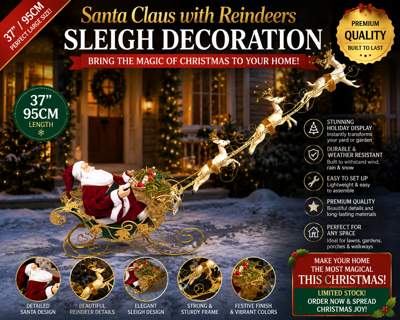 Santa with Reindeer Sleigh – 95cm