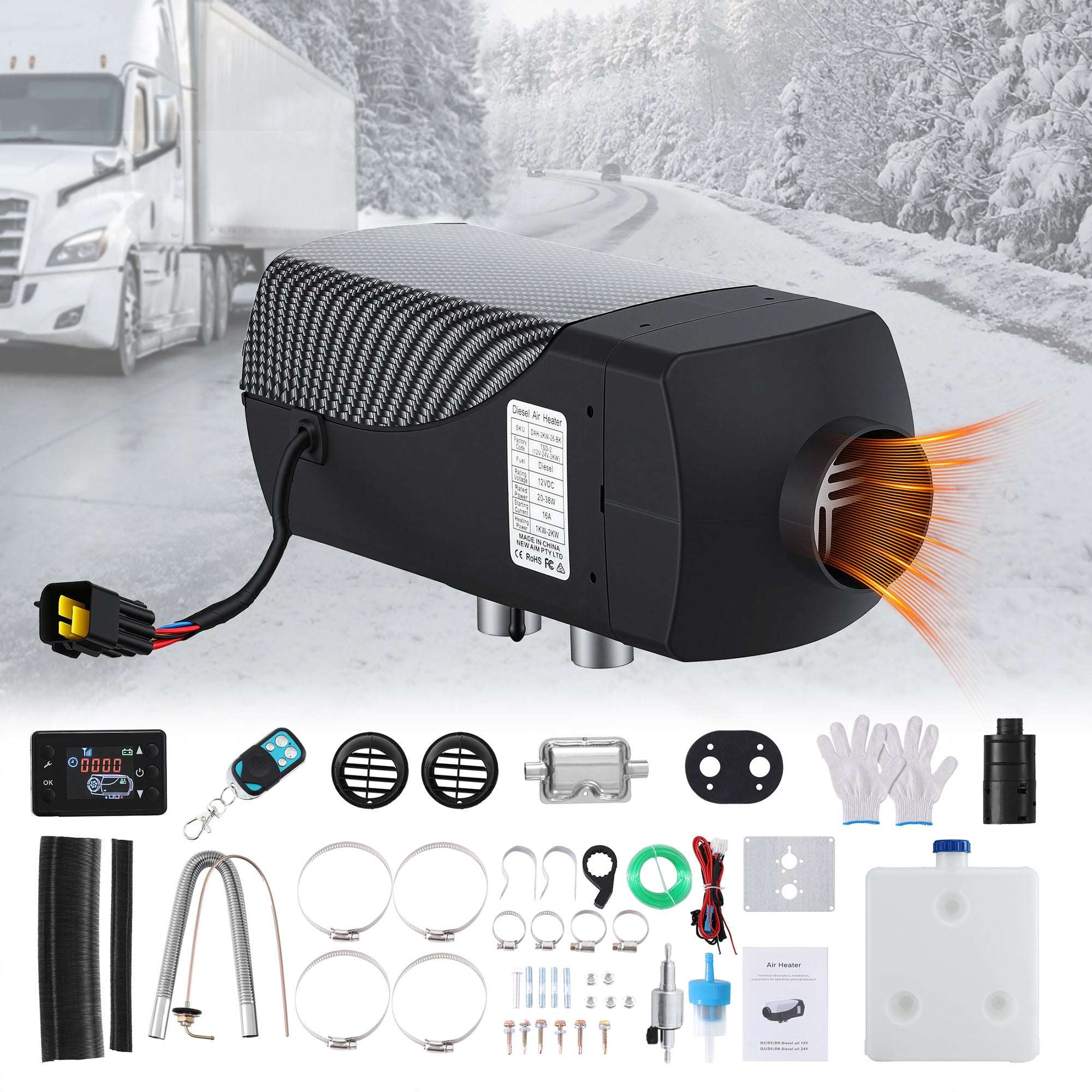 Giantz 2KW Diesel Air Heater – 12/24V with LCD & Remote (Black)