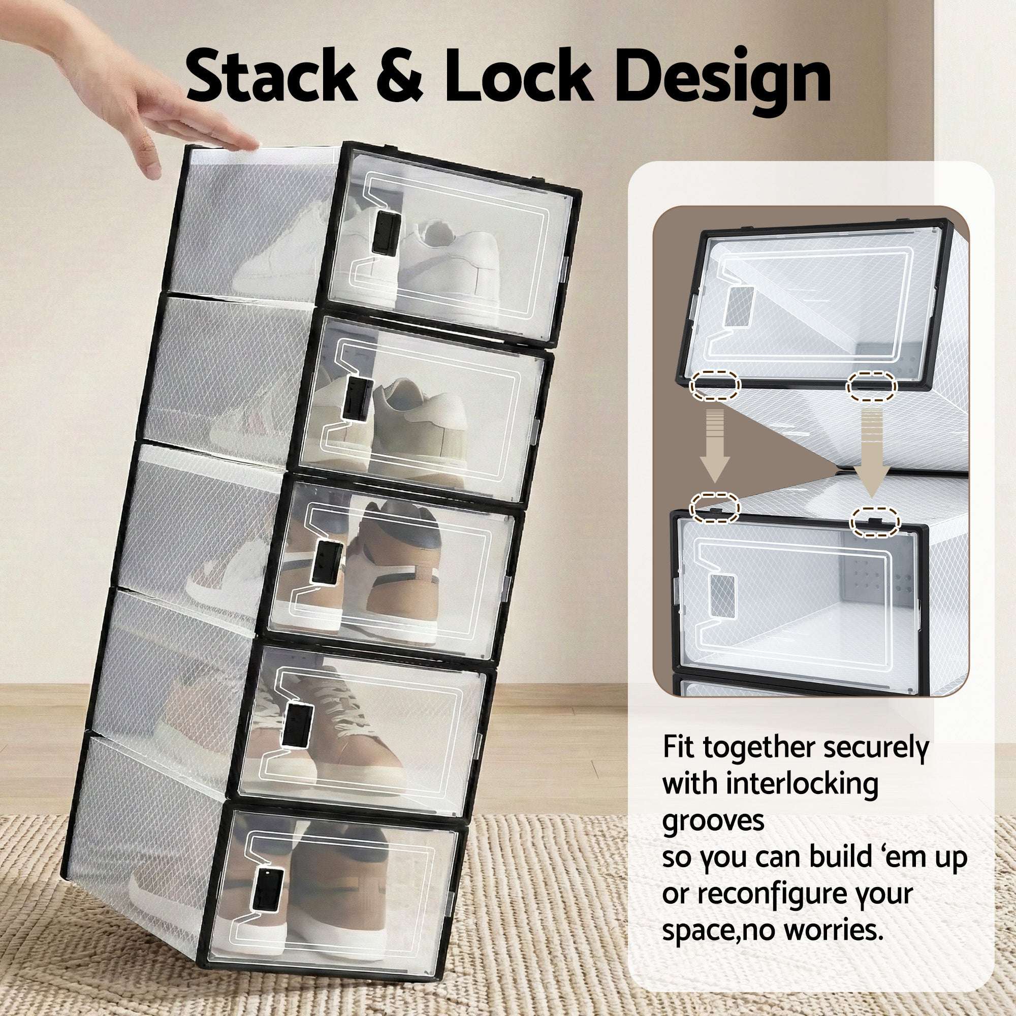 Artiss Stackable Shoe Storage Boxes Set of 12 – Black