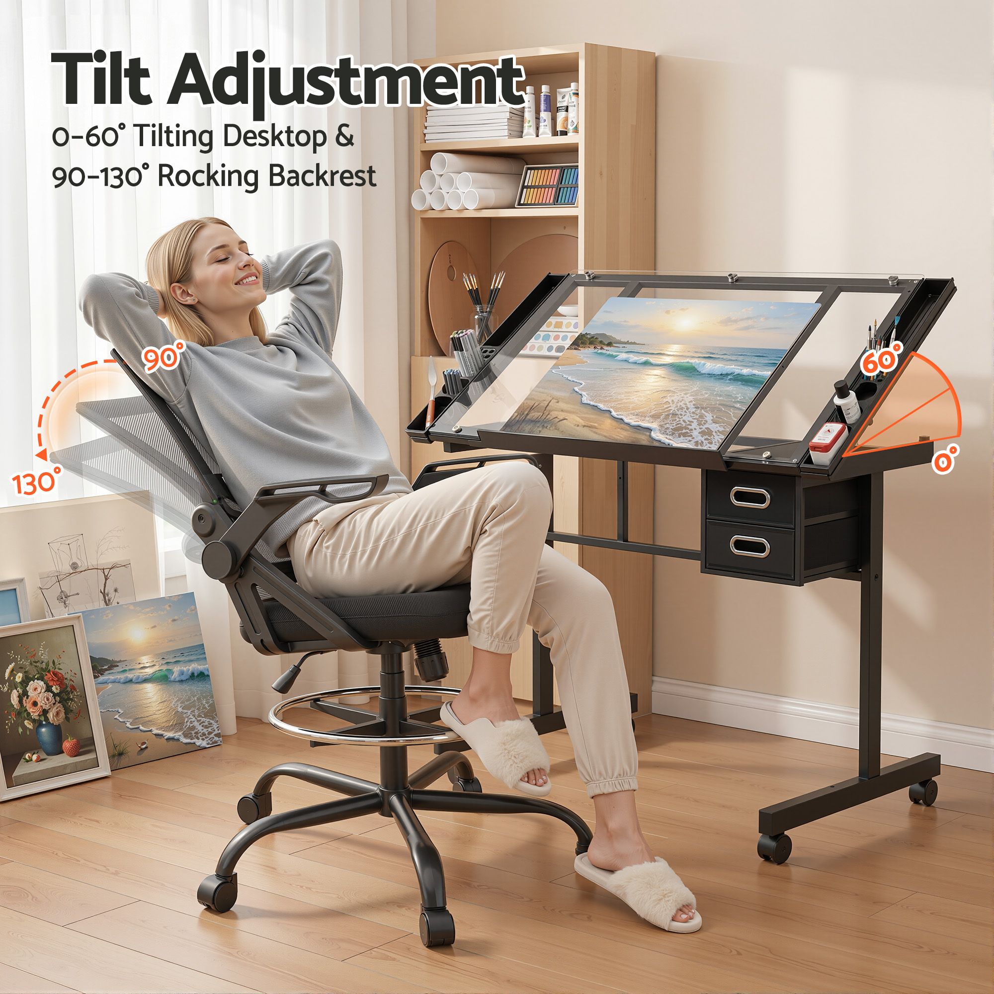 Artiss Drawing Table & Adjustable Drafting Chair Set with Glass Top