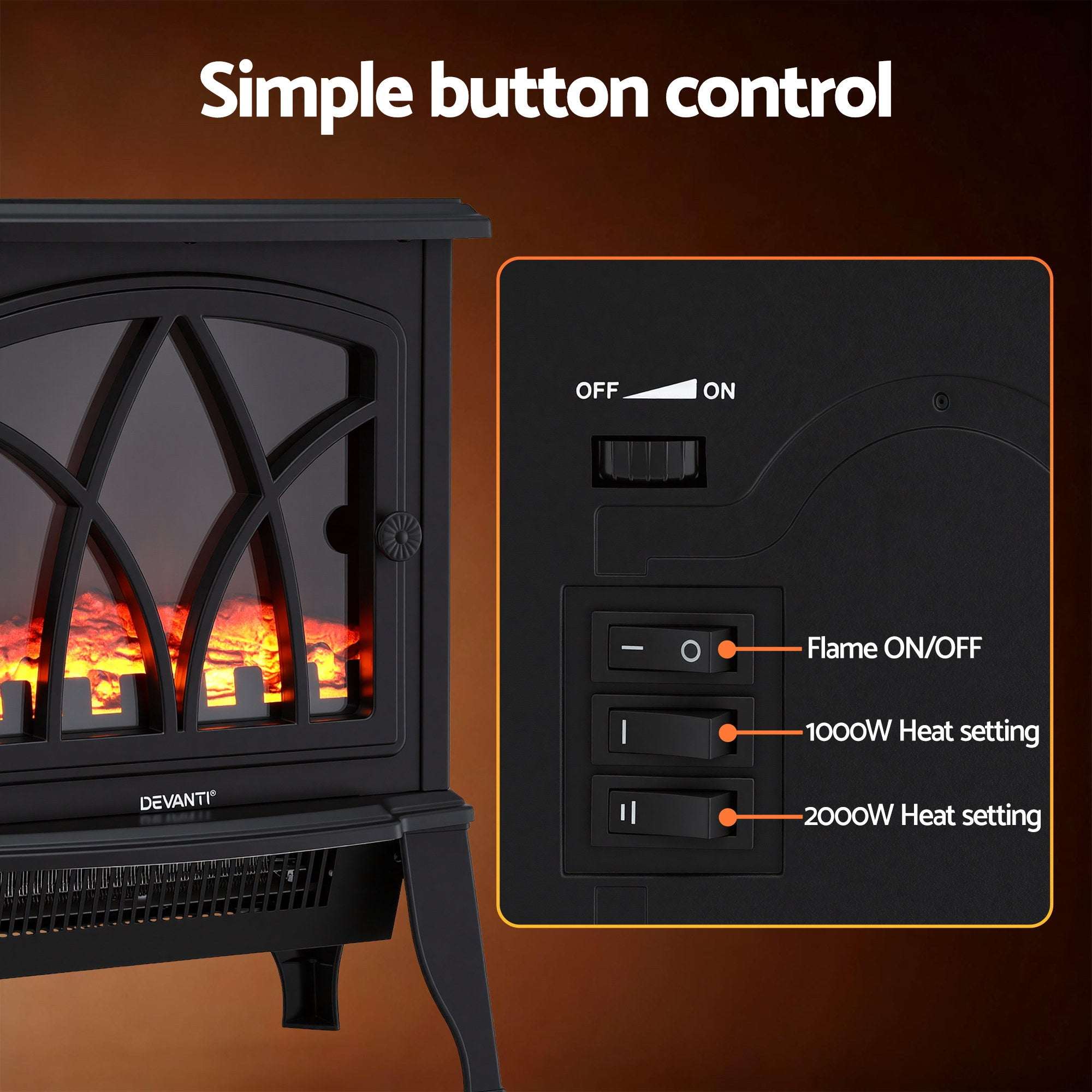 Devanti 2000W Electric Fireplace Heater – Freestanding 3D Flame Effect