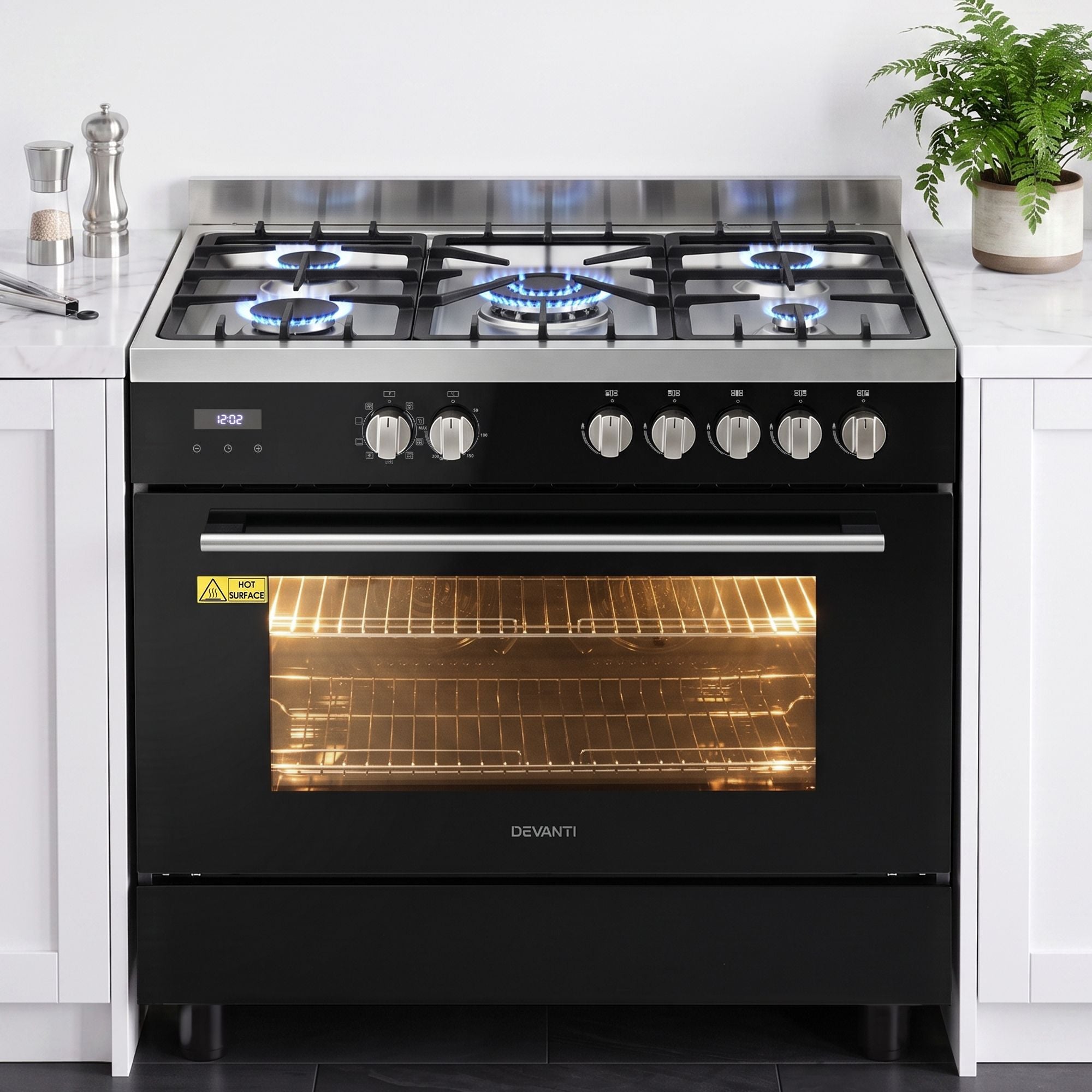 Devanti 90cm Dual Fuel Cooker – 5 Burner Gas Cooktop & Electric Oven