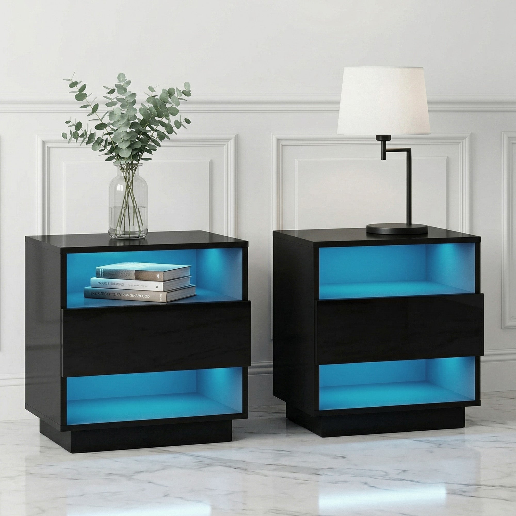 Artiss 2x LED Bedside Tables – HANA Black with Shelves