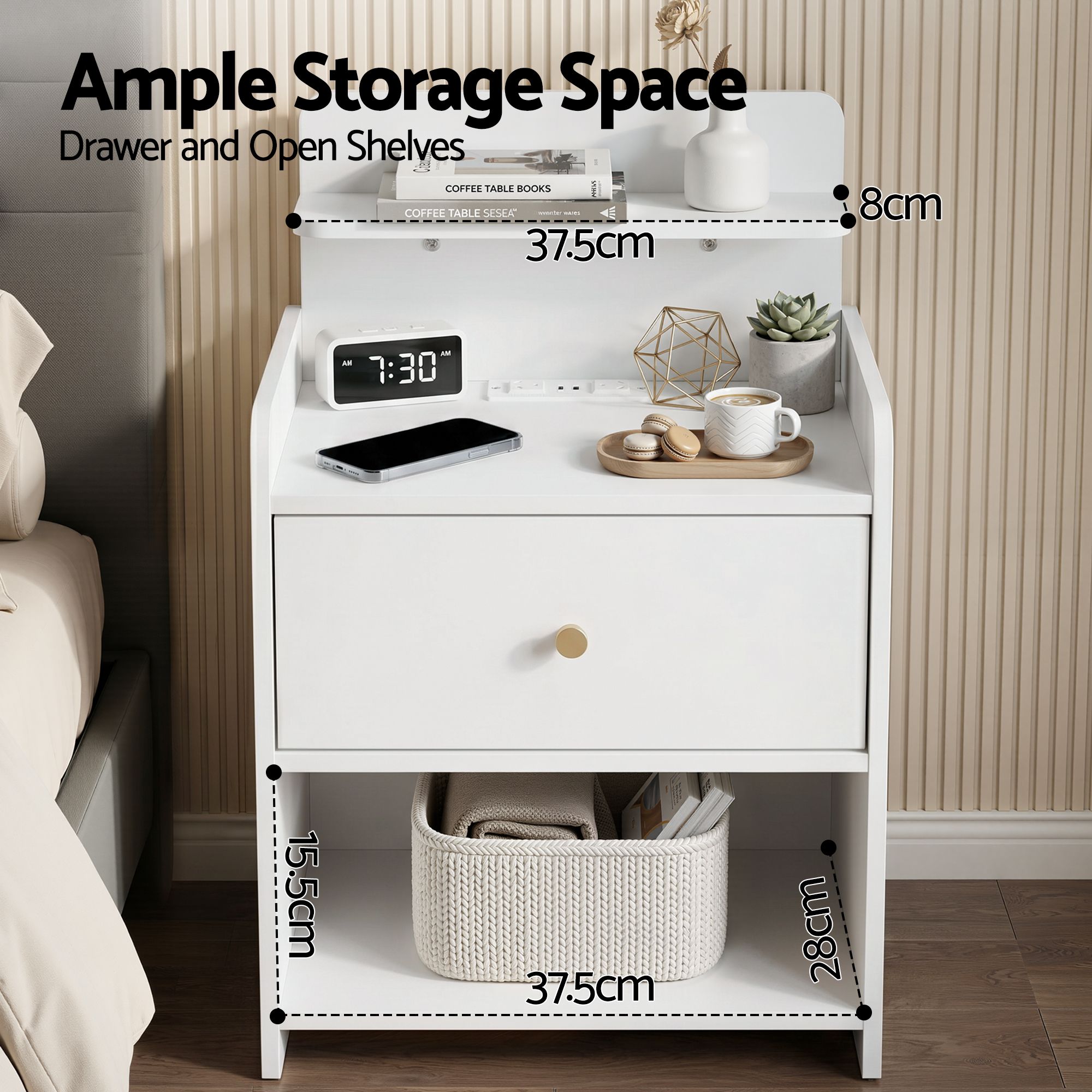 Artiss Bedside Table with Charging Station – White