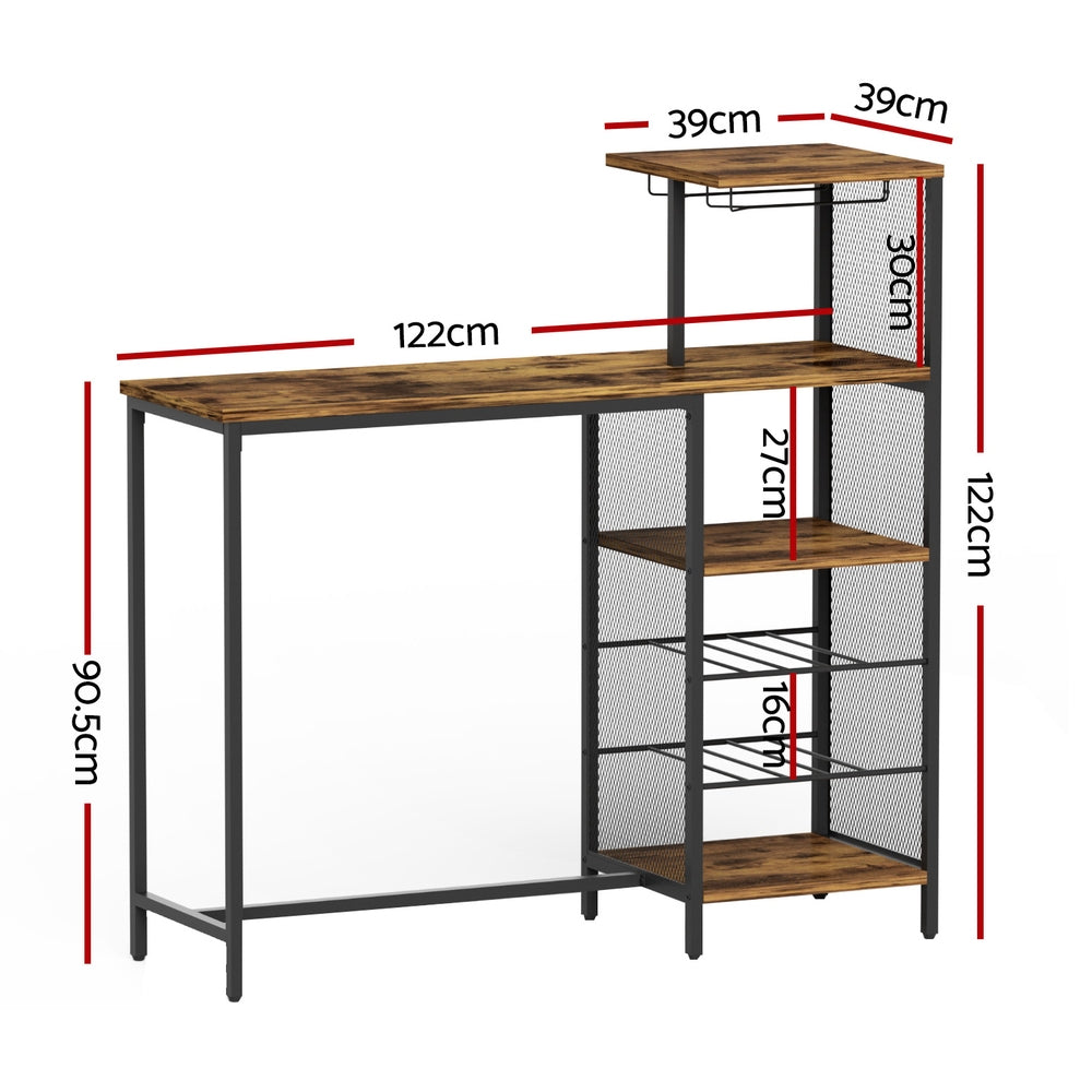 Industrial Bar Table with Wine Rack Cup Holder Multi-Level Storage - Walnut