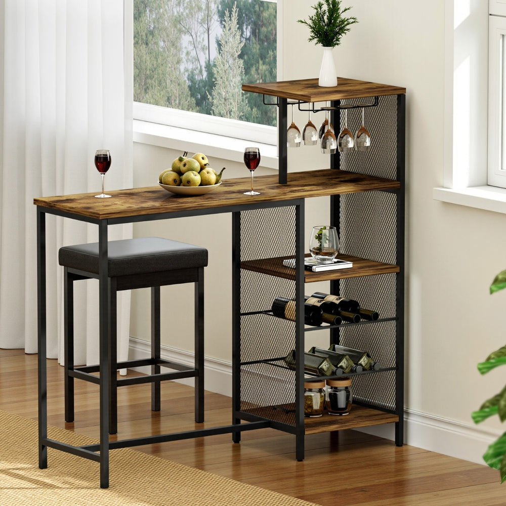 Industrial Bar Table with Wine Rack Cup Holder Multi-Level Storage - Walnut