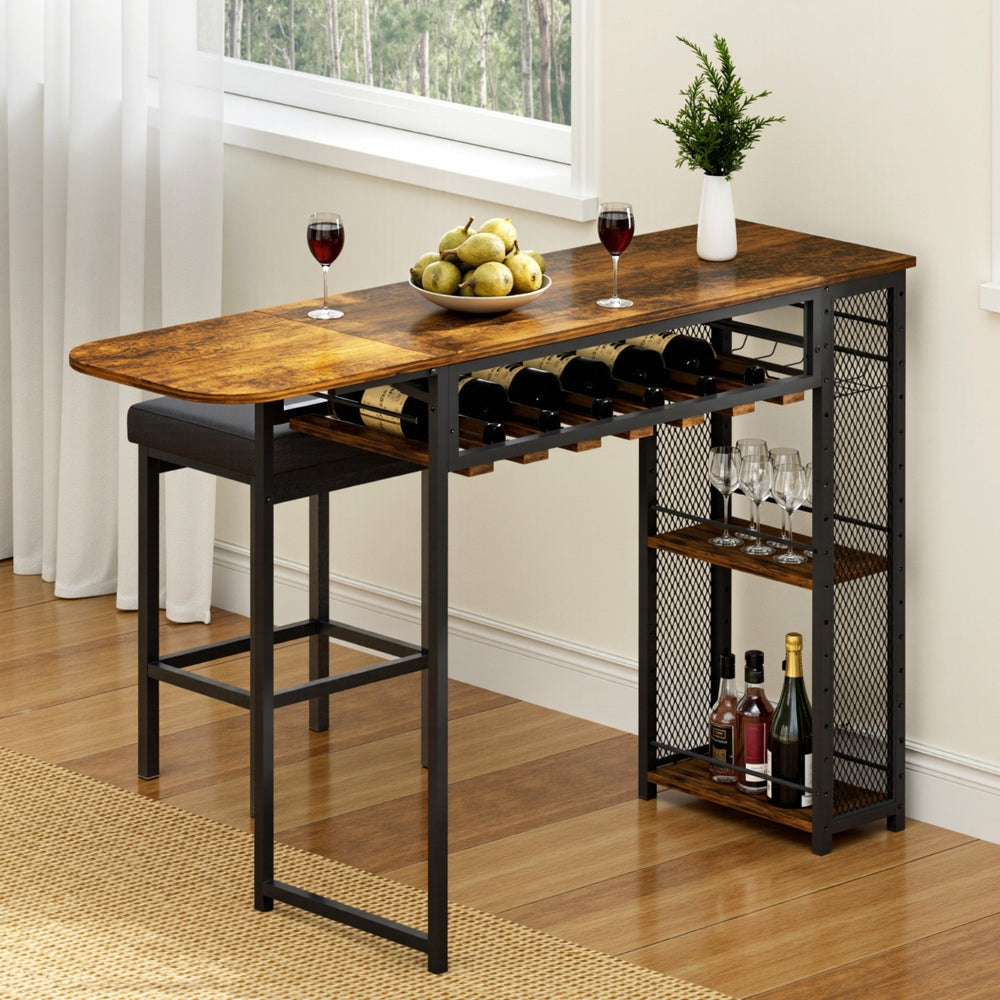 Bar Table with Wine Rack Built-in Cup Holder Extendable