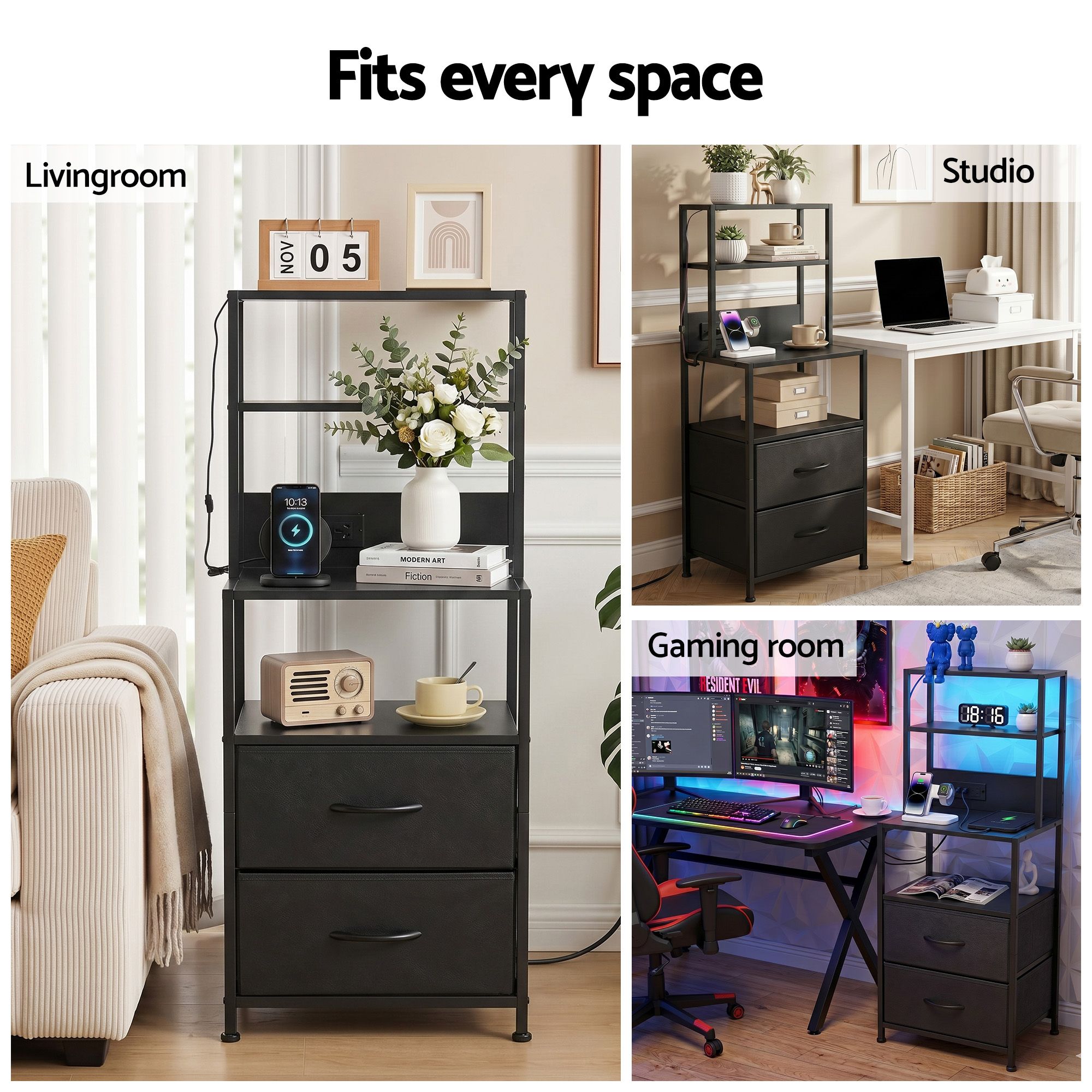 Artiss LED Bedside Table with Charging Station – Black