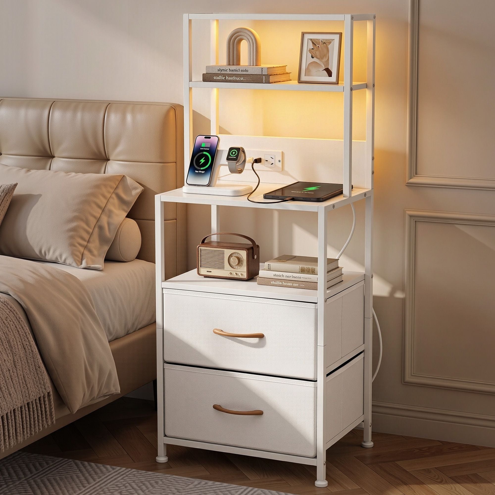 Artiss LED Bedside Table w/ Charging Station – White