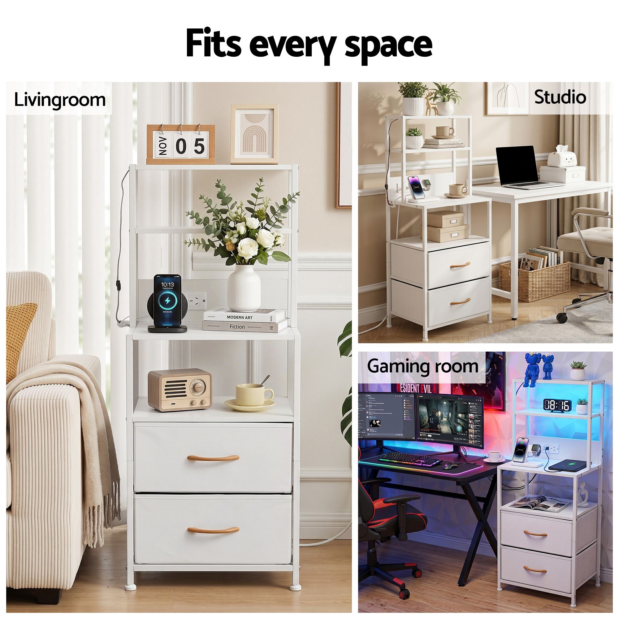 Artiss LED Bedside Table w/ Charging Station – White