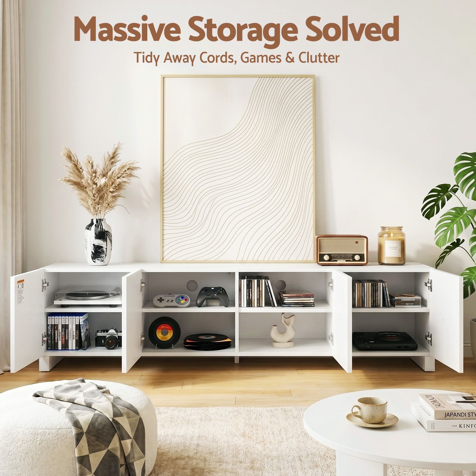 Artiss 180cm TV Entertainment Unit with Storage Cabinet & Adjustable Shelf – White