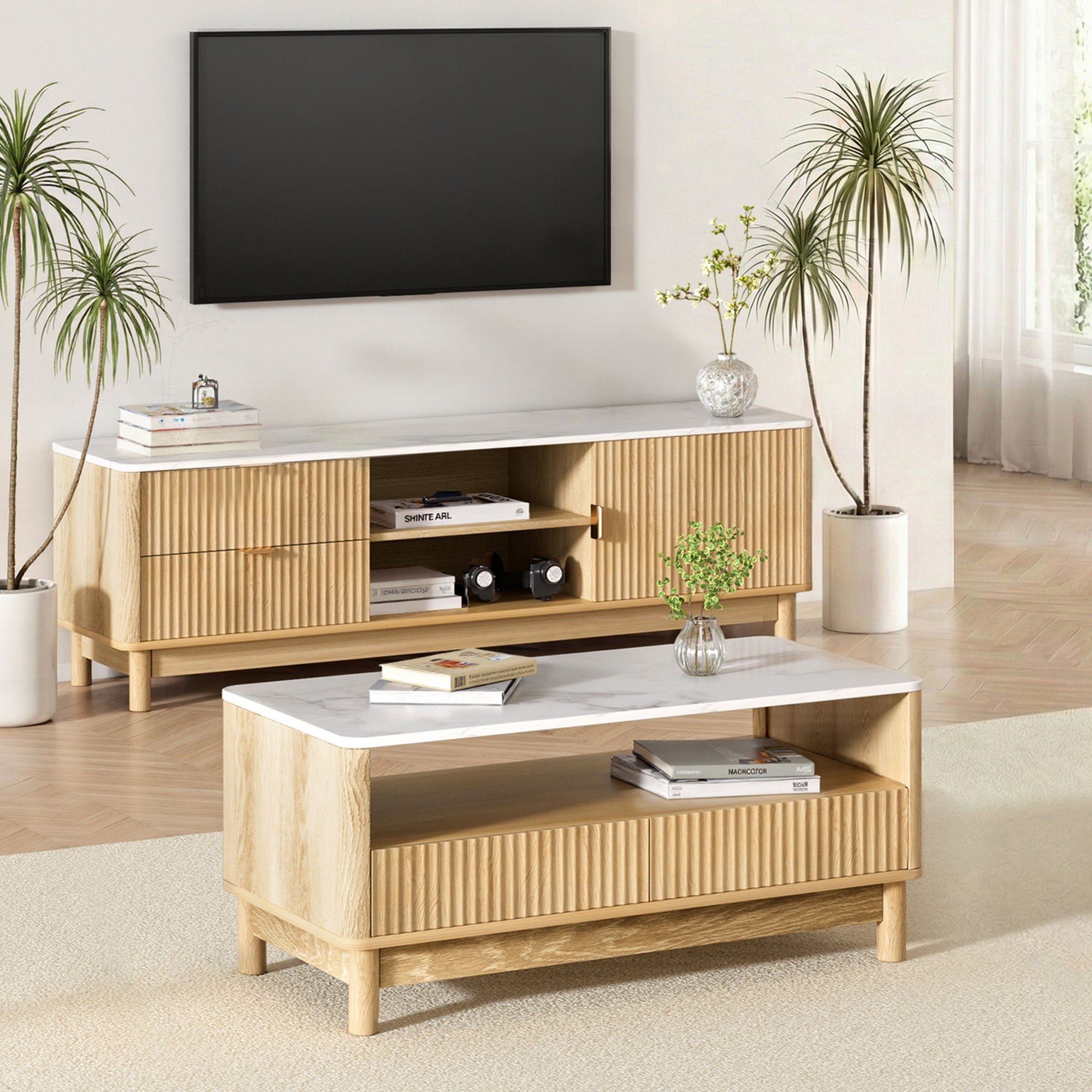 Artiss TV Unit & Coffee Table Set with Storage – Modern Pine Design