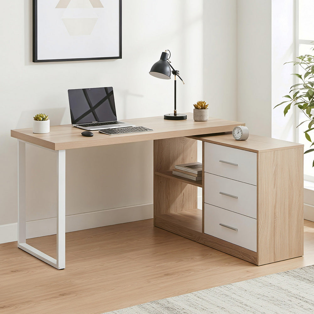 Computer Desk Swivelling L shape Home Office Storage Cabinet Oak