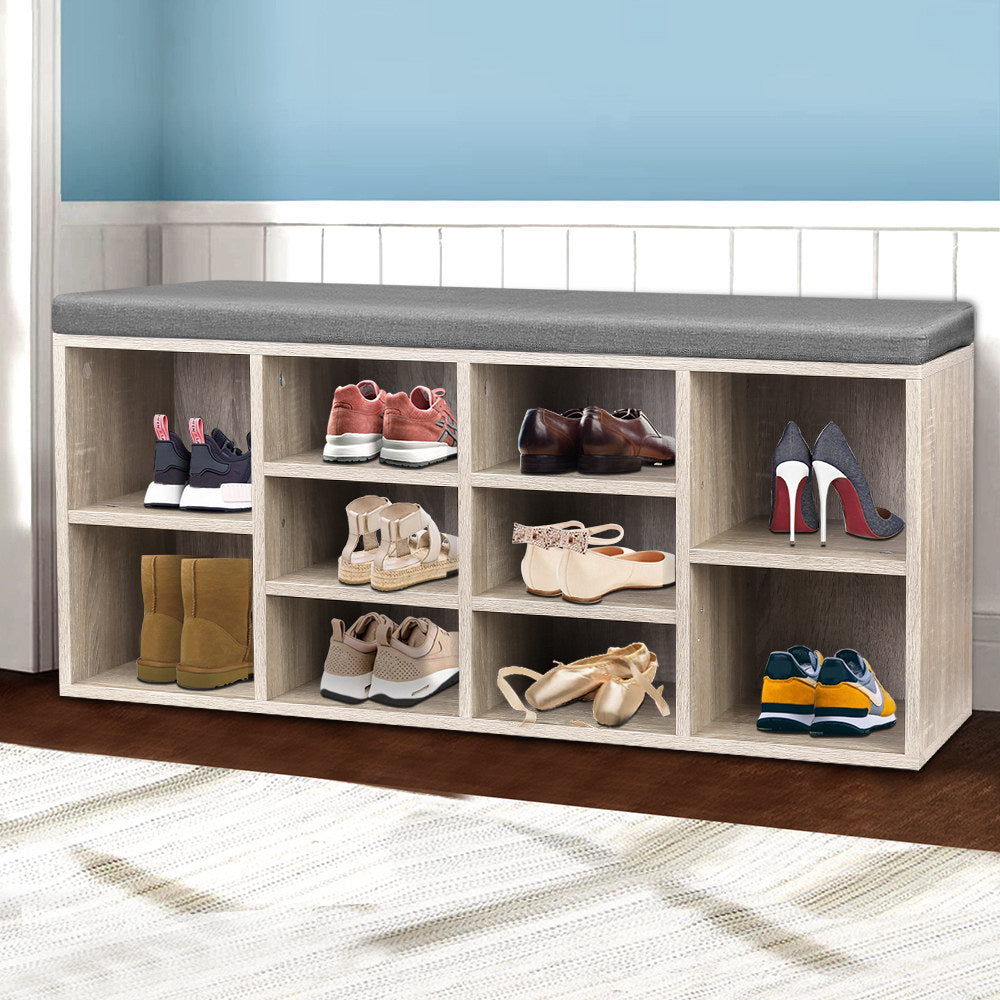 Artiss Shoe Bench Cabinet Fabric Seat Pine