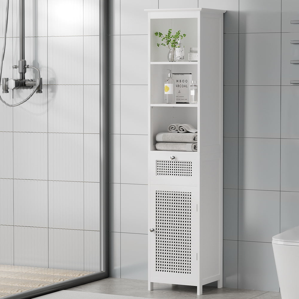 Artiss Bathroom Storage Tallboy Cabinet 161cm – White Rattan