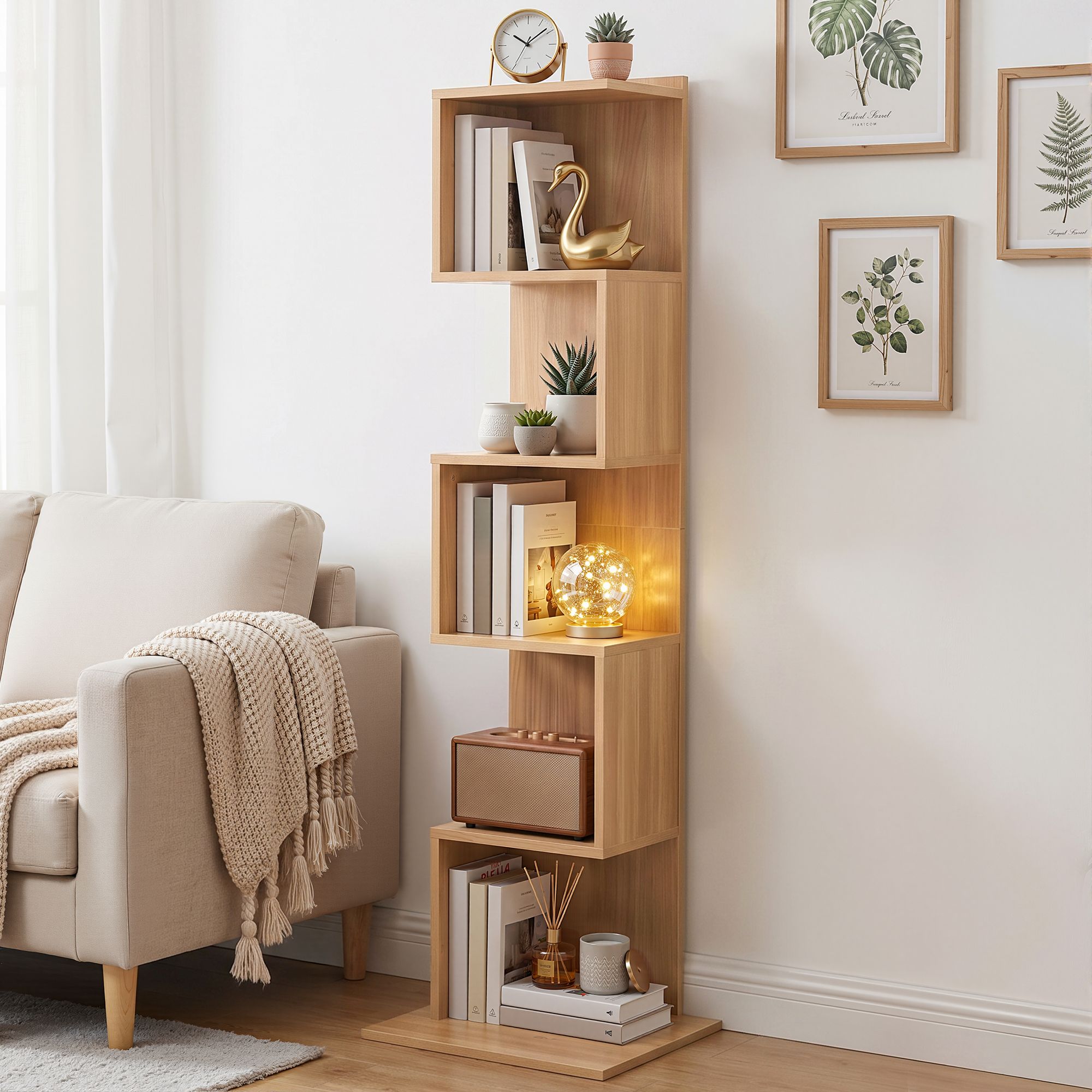 Artiss 5-Tier S-Shaped Bookshelf Bookcase – Oak