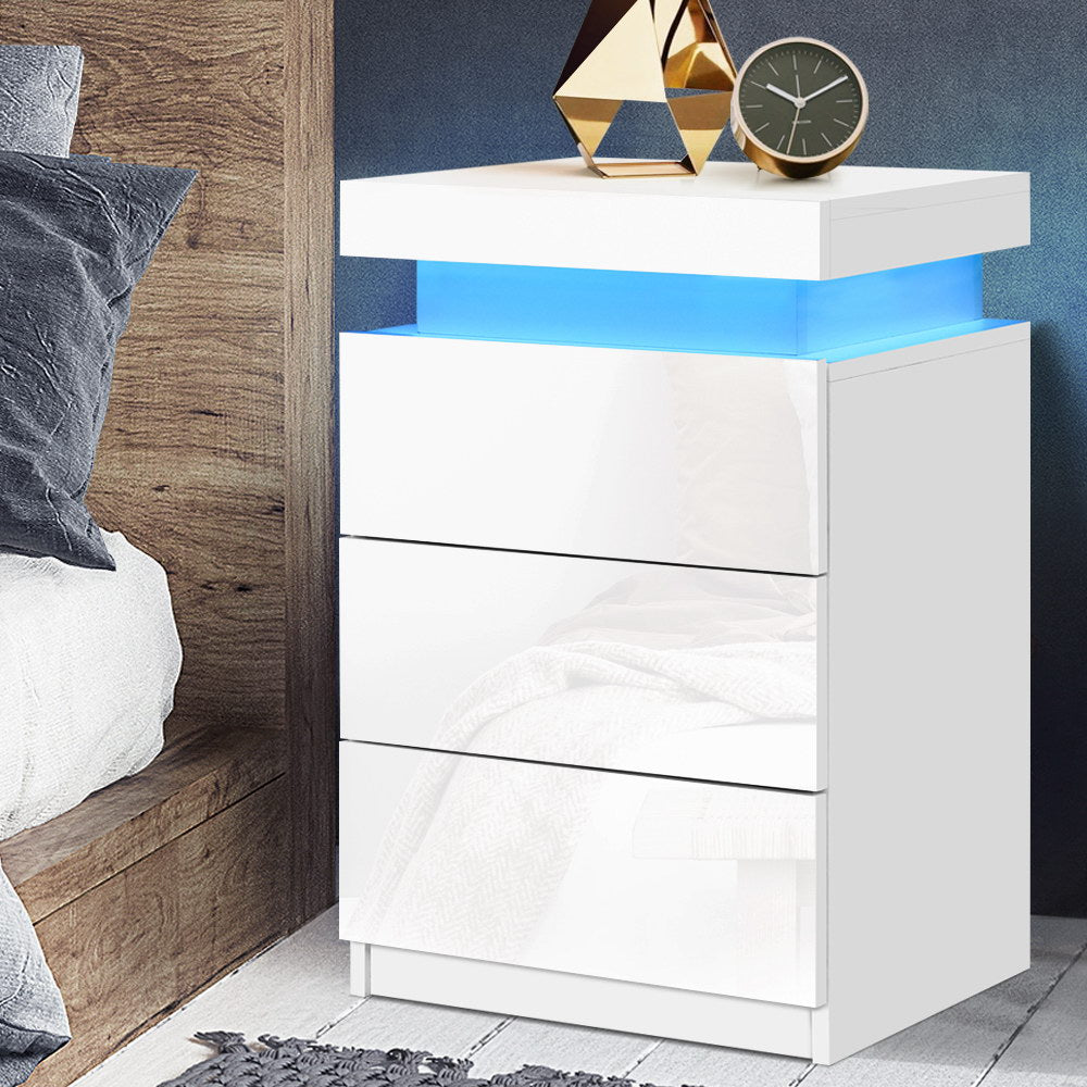 LED Bedside Table 3 Drawers - COLEY White