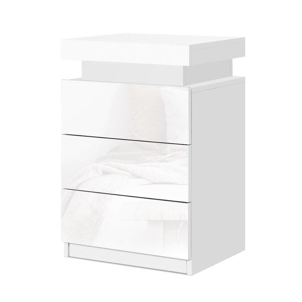 LED Bedside Table 3 Drawers - COLEY White