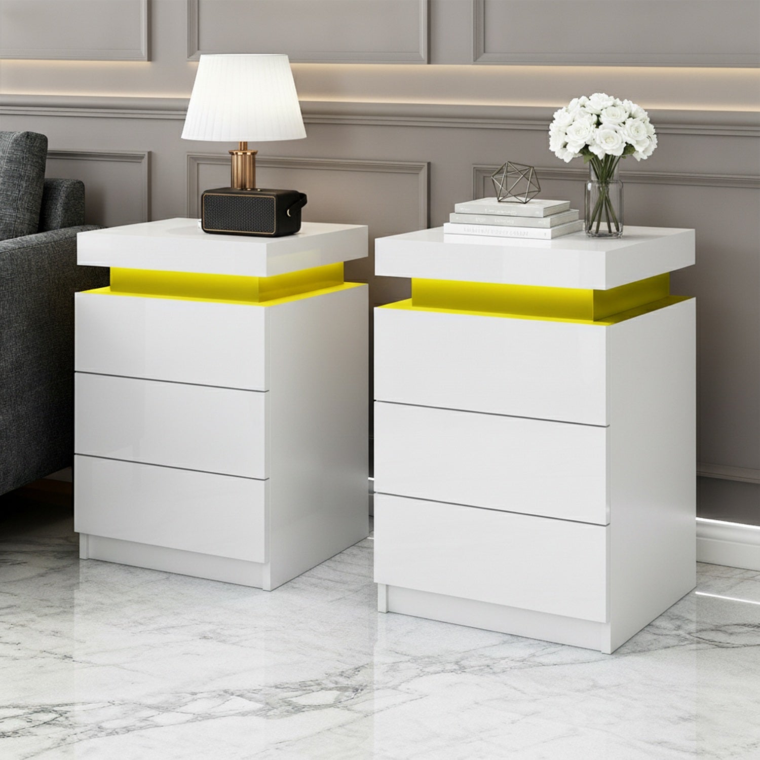 Artiss COLEY LED Bedside Table 3 Drawer – White (2 Pack)