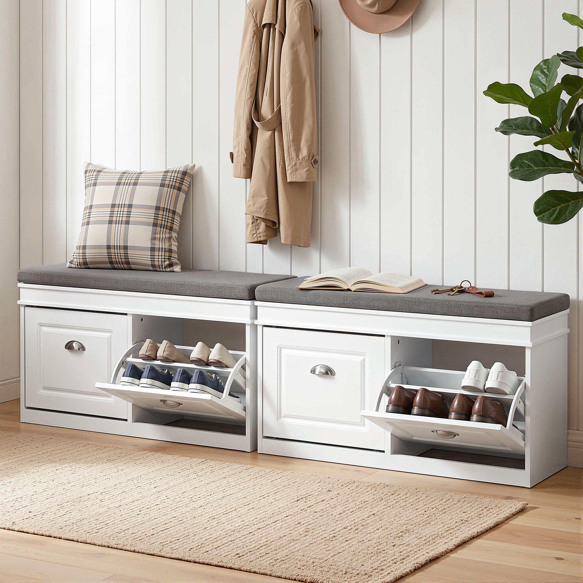 Artiss 2-Piece Shoe Storage Bench Set with Flip Drawers – White