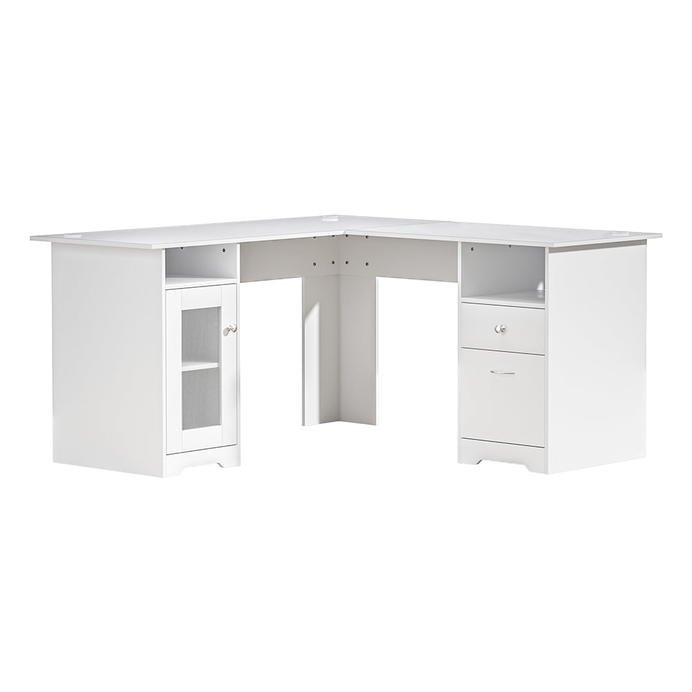 L-Shape Computer Desk with Shelf Cabinet β White 150CM
