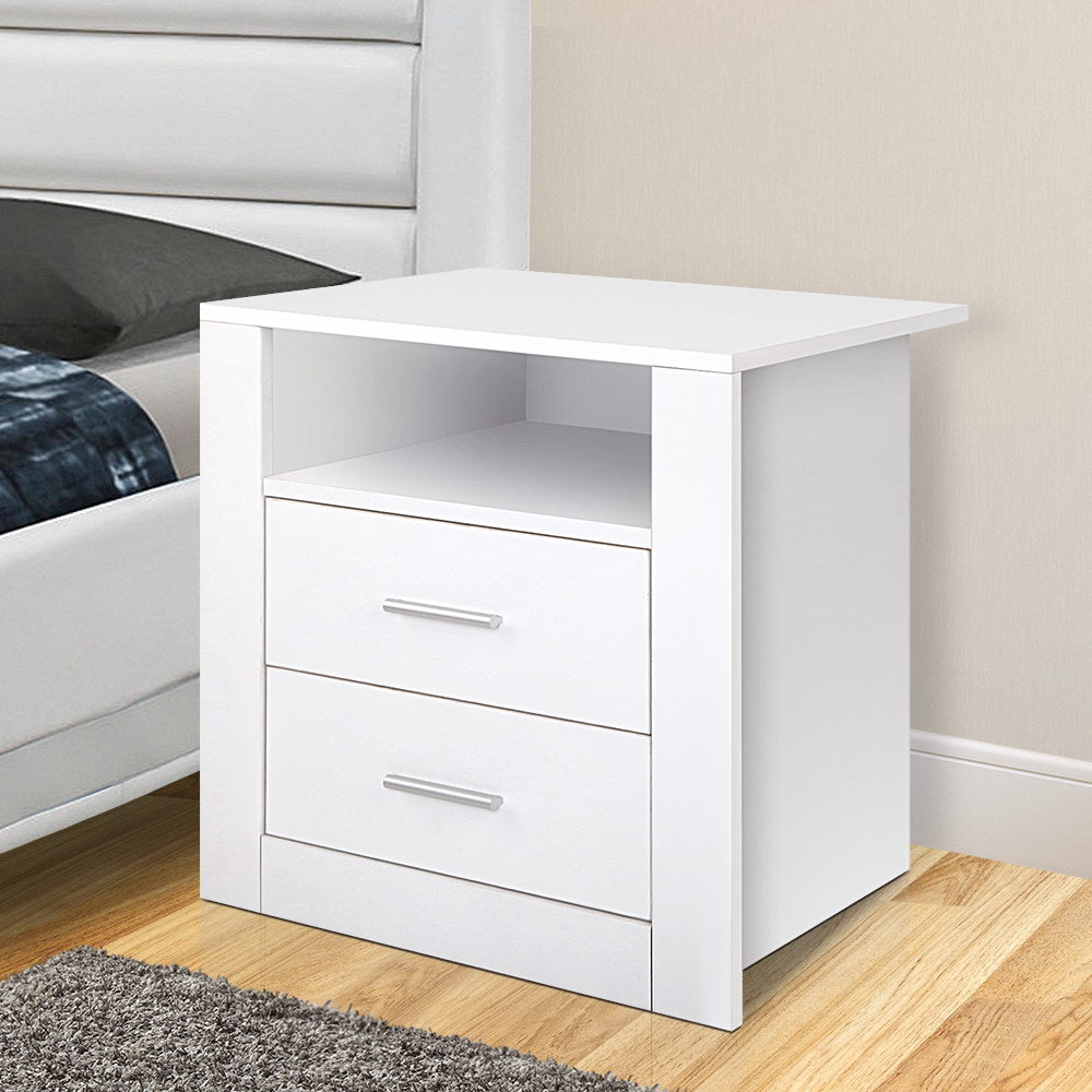 Bedside Table 2 Drawers with Shelf - TARA White