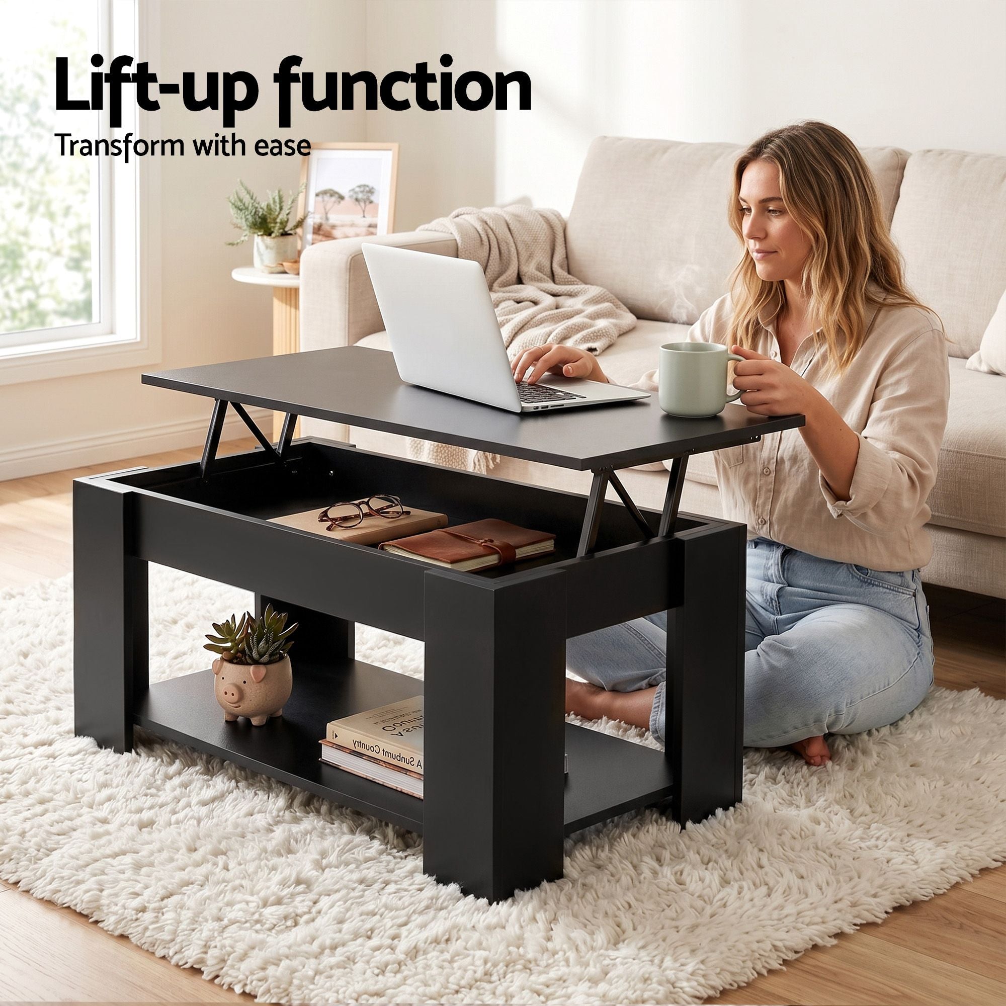 Artiss Floating TV Unit & Lift-Top Coffee Table Set – Black Gloss