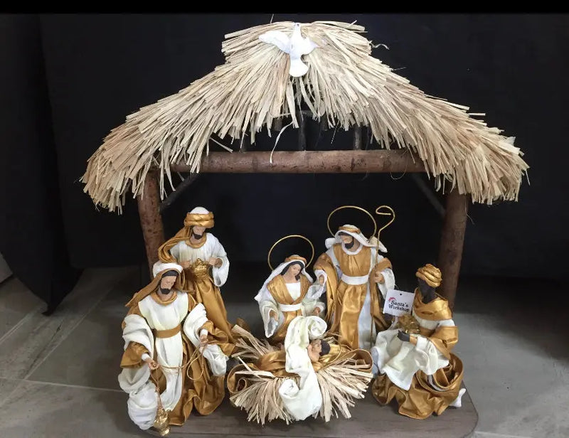 Gold Christmas Nativity Set in Driftwood Stable – 50 cm