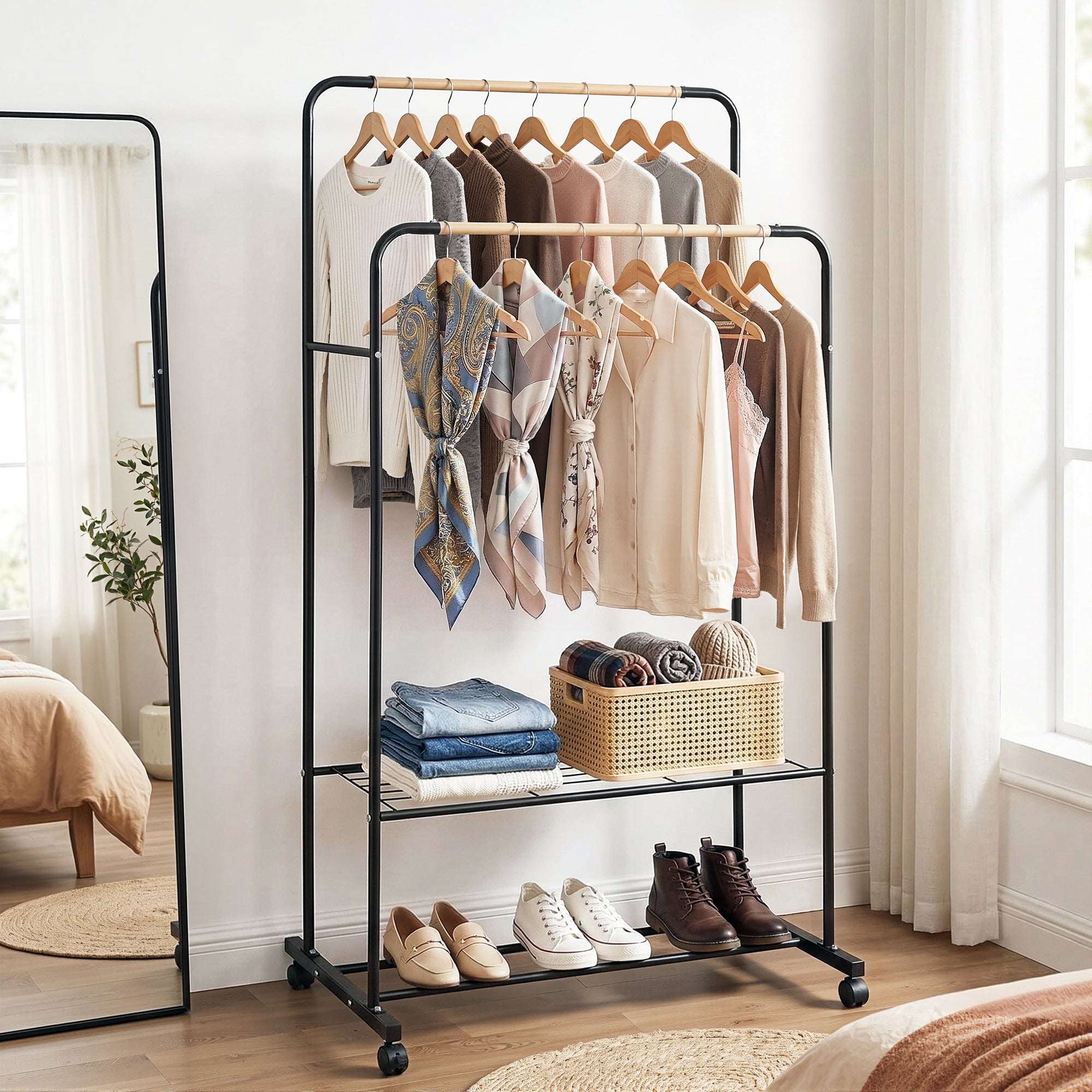 Artiss Double Rod Clothes Rack Airer with Storage Shelf