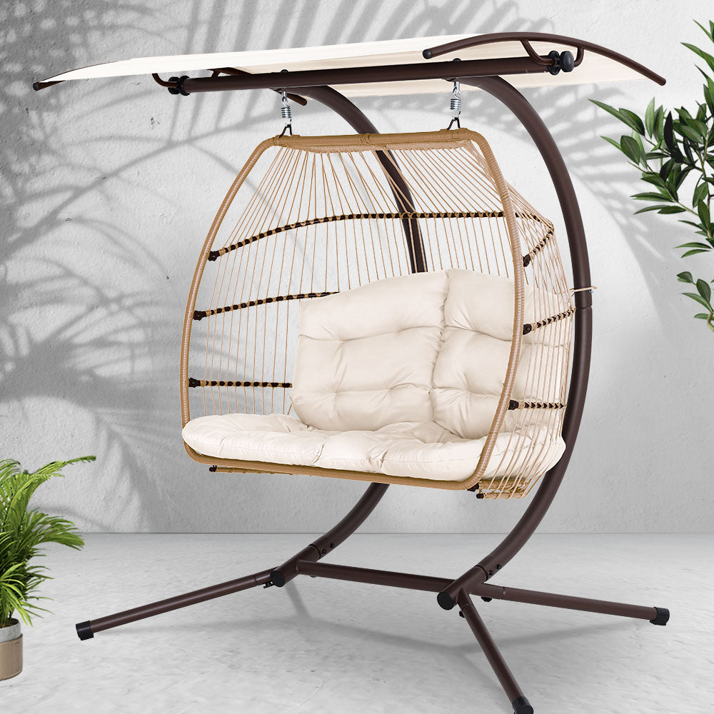 Gardeon 2-Seater Egg Swing Chair â Latte Wicker