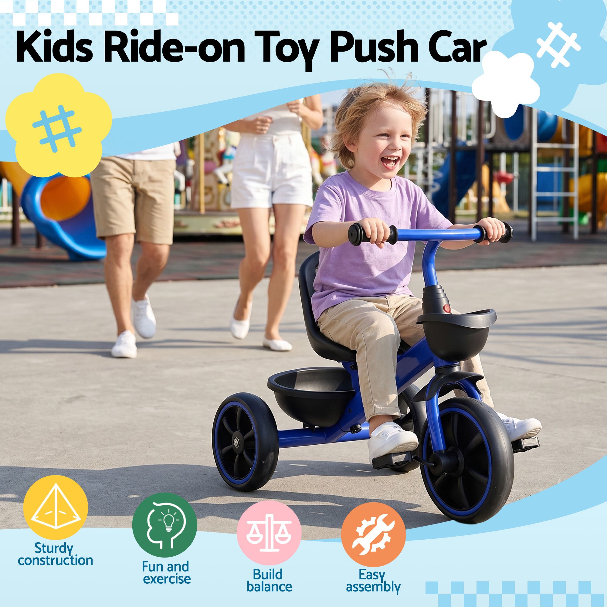 RIGO Kids Tricycle 3 Wheel Bike with Basket Blue 68cm