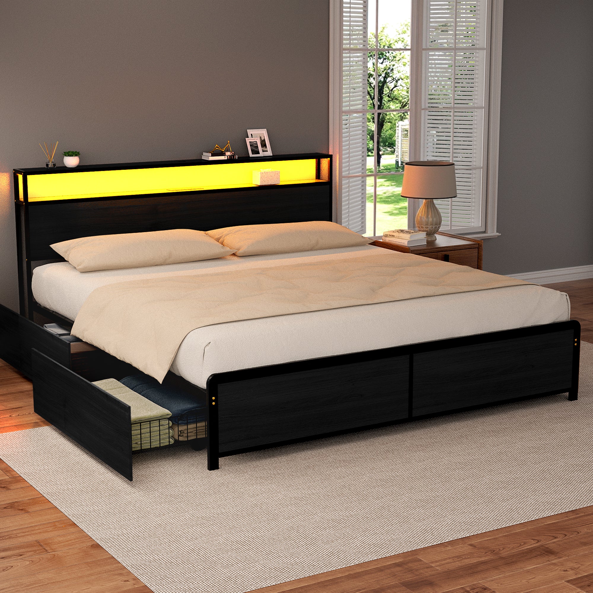 Artiss King Metal Bed Frame with Storage, LED & Charging Station